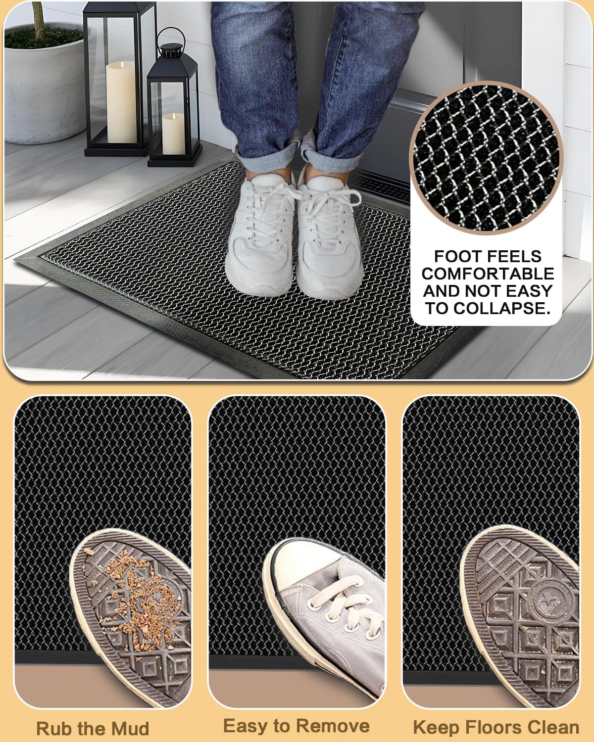 Front Door Mat Outside Entrance, 24" x 36" Heavy Duty Rubber Door Mat Non Slip & Waterproof, Outdoor Mat for Patio Garage Entryway, Dirt Trapper Rubber Floor Mats for Outside High Traffic Areas, Black