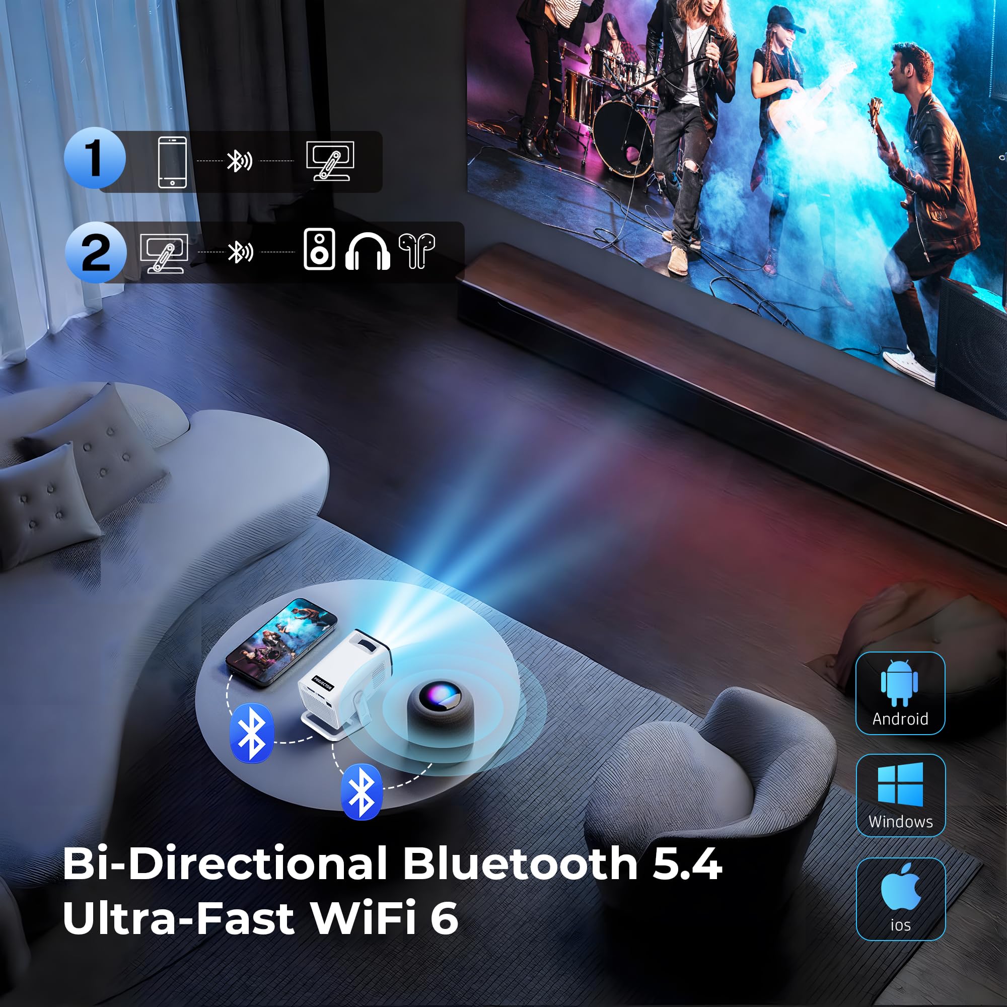 Mini proiettore Android 11 supportato 4K con WiFi 6 e Bluetooth 5.4 | 400 ANSI lumen | Keystone automatico | Proiettore portatile per film all'aperto per iPhone, Netflix, campeggio, camera da letto e
