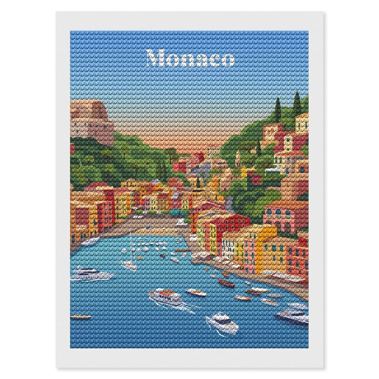 Junmoney Monaco Coastal Town Diamond Painting Kit 12"x16", Easy Handmade Project, Cosy Home Accent, for Craft Lovers, Holiday Gift Idea