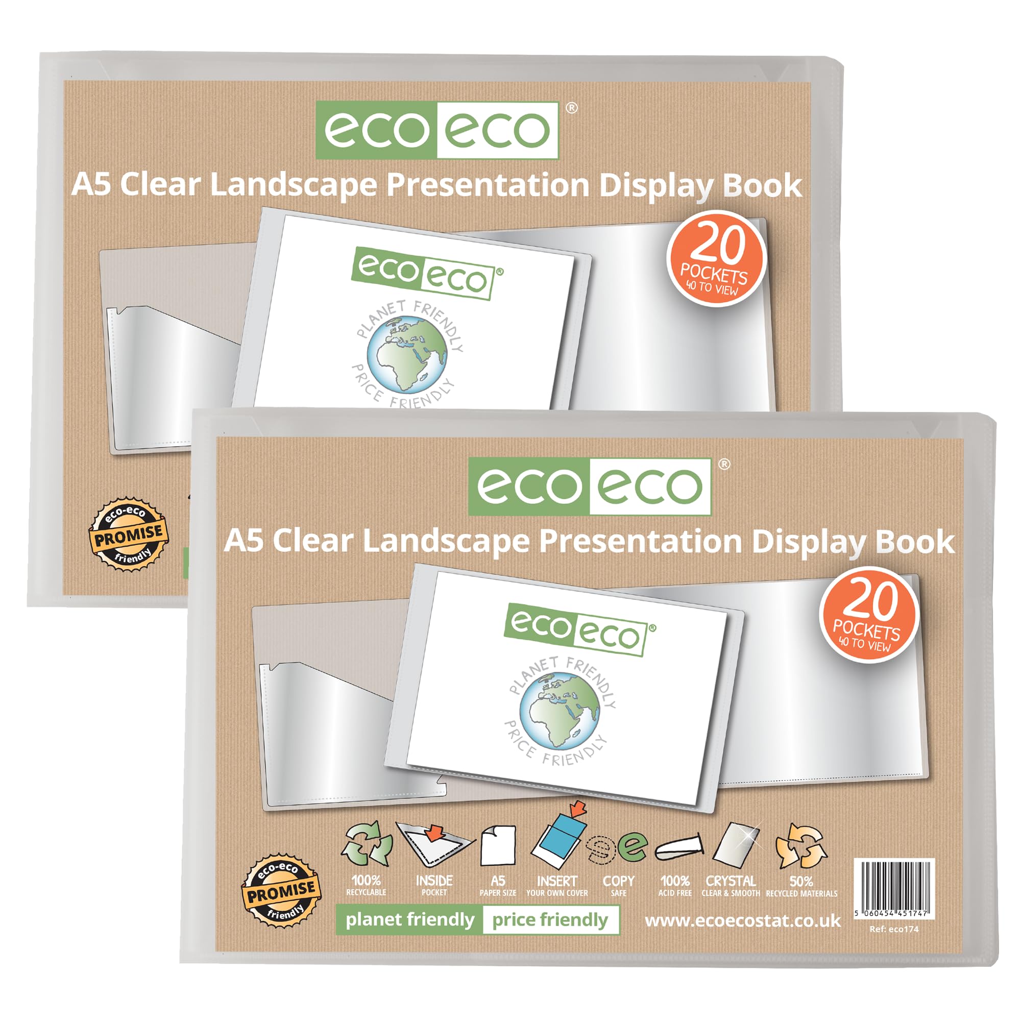 eco-eco A5 50% Recycled 20 Pocket Clear Landscape Presentation Display Book