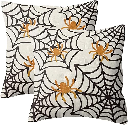 Juego de 2 fundas de almohada de Halloween de 18 x 18 pulgadas, decoración de Halloween, almohadas de tela de araña, fundas de cojín decorativas de