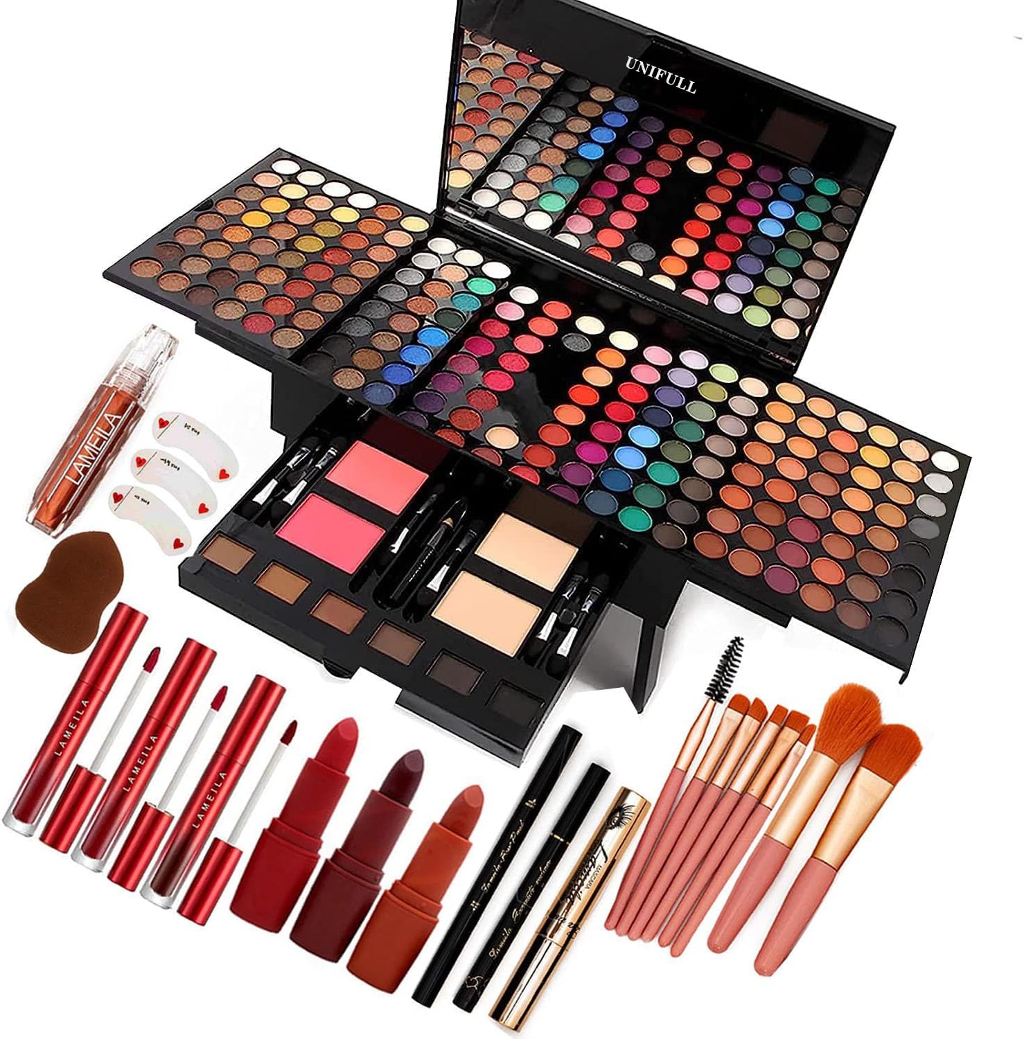 UNIFULL 190 Colors Makeup Pallet,Professional Makeup Kit for Women Full Kit,All in One Makeup Sets for Women&Beginner,include Eyeshadow,Lipstick,Compact Powder,Eyeliner,Concealer(004-Black)