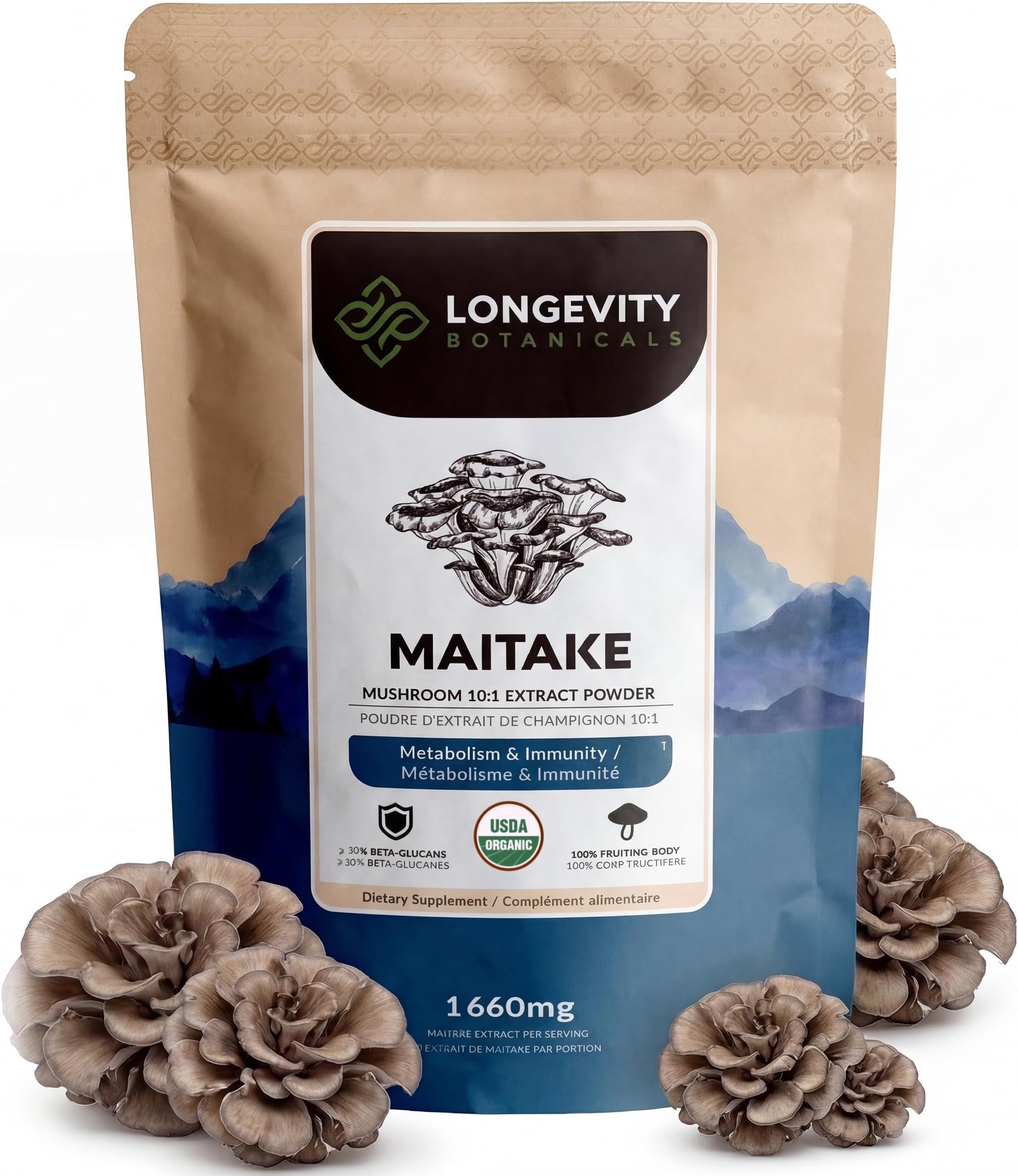 Longevity Botanicals Organic Maitake Mushroom Powder Supplement Extract 100g | Grifola Frondosa Fruiting Body | ≥30% Beta-D-Glucans | 60 Servings of 1,660mg | Supports Daily Wellness