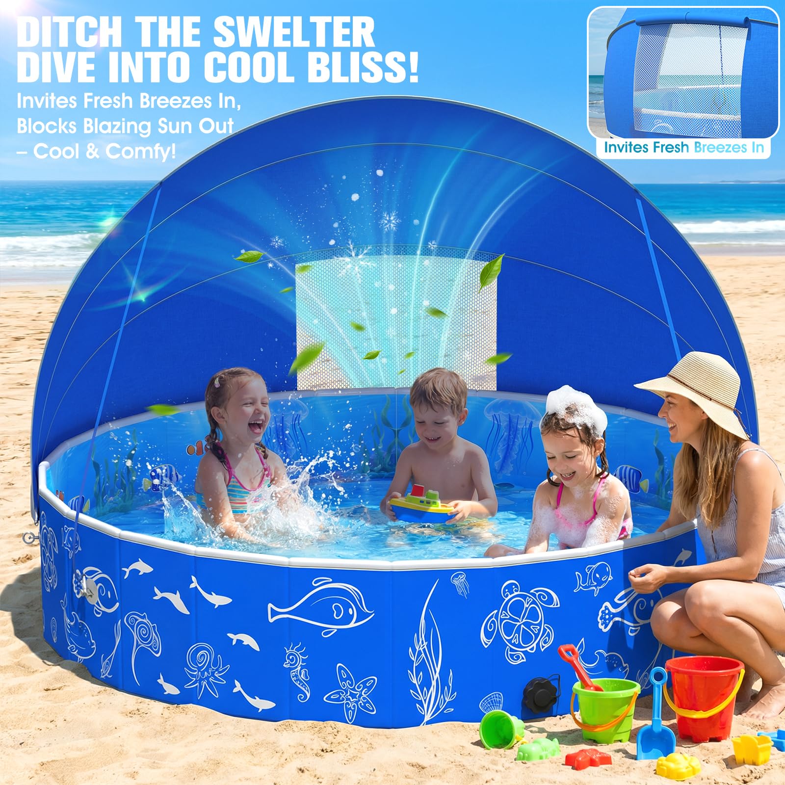 Luxfero Piscina para Niños con Toldo Solar 130 x 130 x 30 cm Desmontable Plegable