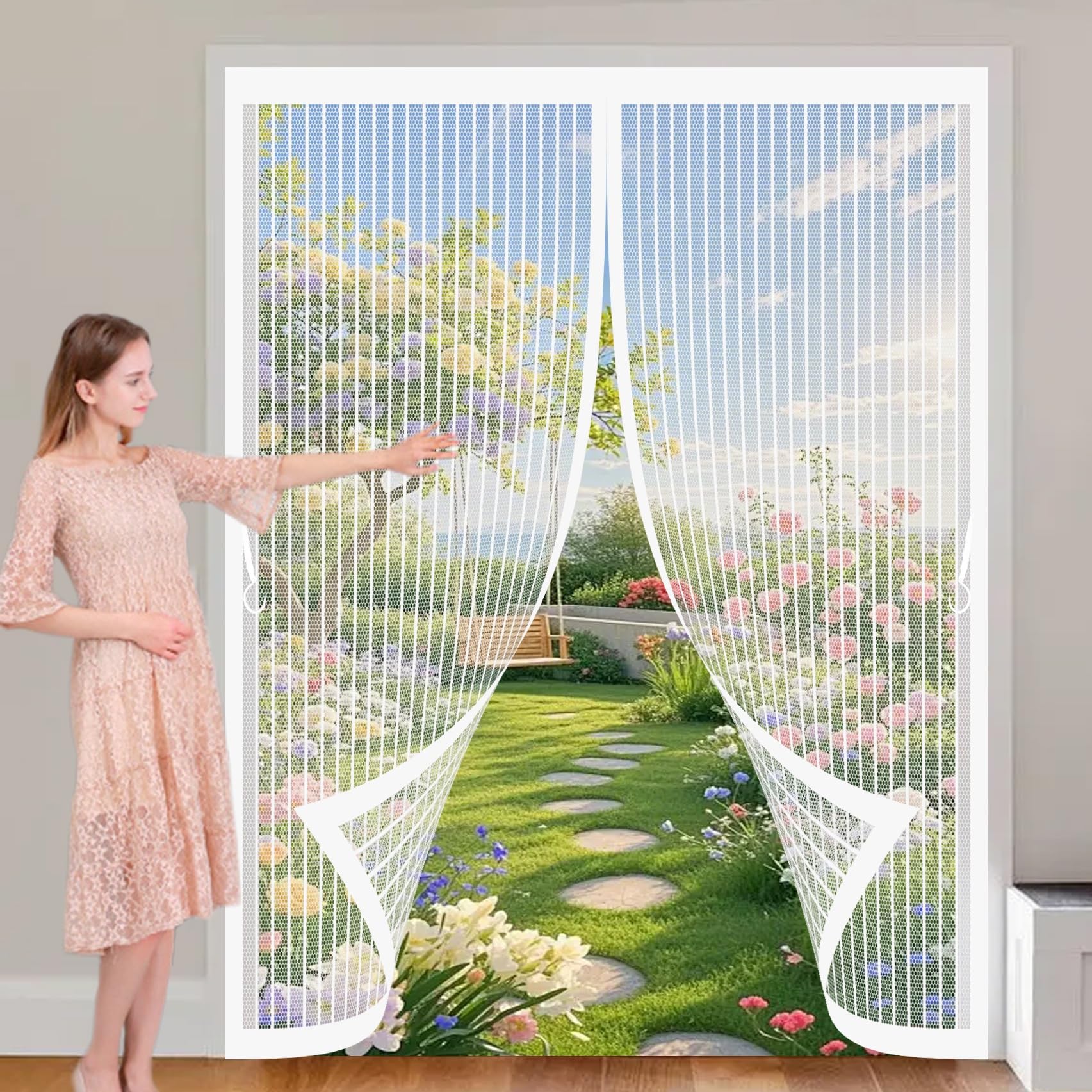Xueqxue White Magnetic Screen Door 116 X 135 Cm With Powerful Magnets & Full Frame Magic Tape, Keep Bugs Out & Lets Fresh Air In Magnetic Fly Screen Curtain For Patio Doors Bedroom,