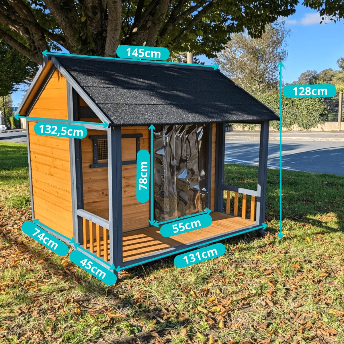 Animal Valley - Niche à Chien Chalet - Bois et Shingle - L 150 x l 130 x H 136,5 cm - Taille XXL - Beige et Gris - pour très Grands Chiens