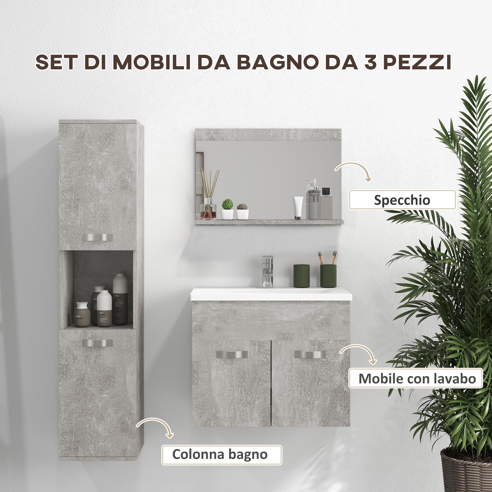 kleankin Set Mobili Bagno da 4 Pezzi con Lavabo da 60cm in Ceramica, Mobiletto Bagno, Colonna Bagno e Specchiera in Legno, Grigio