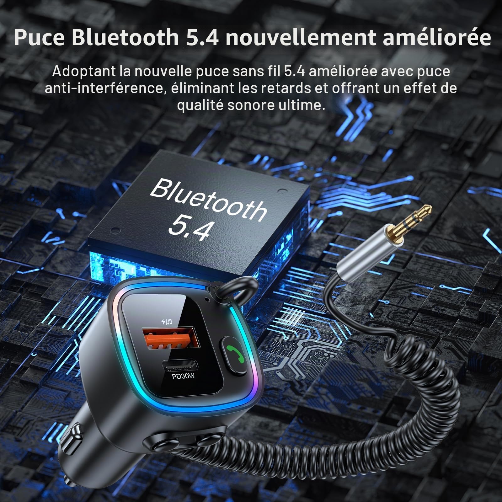 Adaptateur Bluetooth 5.4 Voiture Recepteur Bluetooth Jack Chargeur Voiture 42W(PD 30W & QC 12W) avec Prise Jack 3.5mm Autoradio Enceinte Haut Parleur Amplificateur Appel Mains Libres Support U Disk
