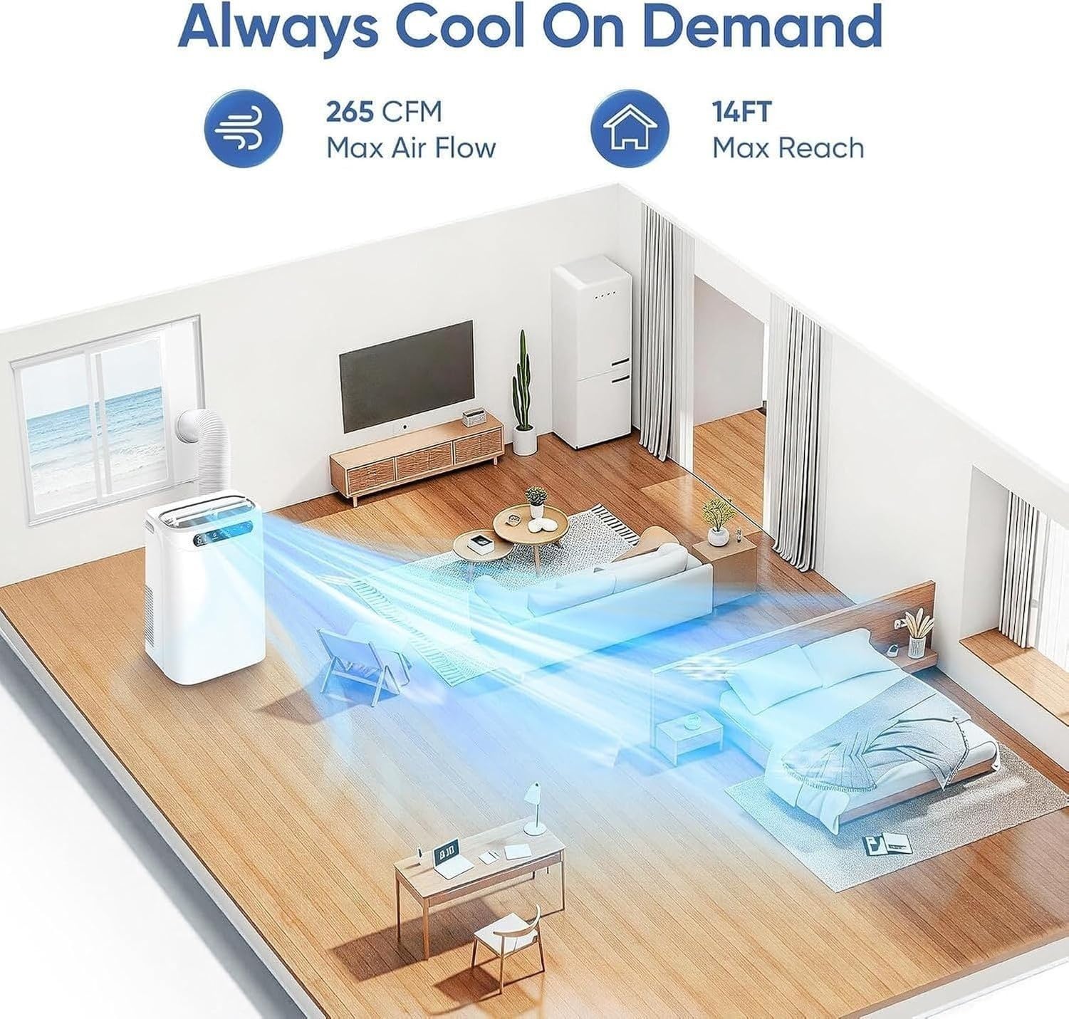 Aire Acondicionado Portátil 14000 BTU para Espacios Grandes hasta 65 m², Equipo de AC con Mando a Distancia, Deshumidificador, Modo Ventilador, Temporizador y K
