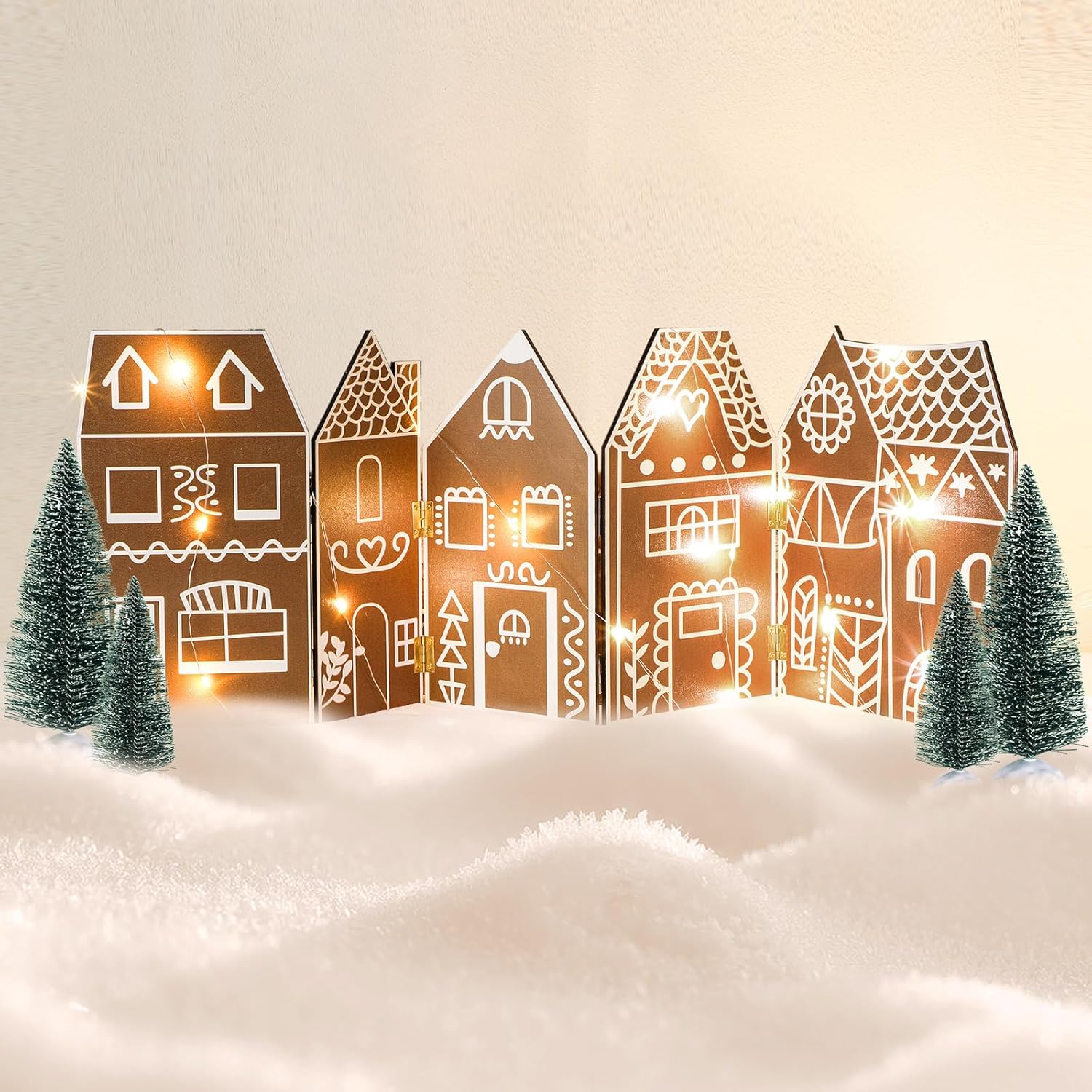 Chunful Foldable Christmas Gingerbread House Tabletop Decoration with LED String and 4 Xmas Village Trees Foldable Christmas Gingerbread House Holiday Indoor Wooden Centerpieces for Mantel Home Decor - Image 6
