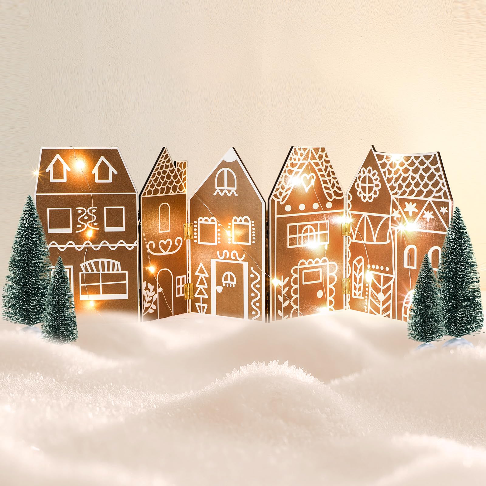 Chunful Ensemble de village de Noël en bois avec 4 arbres de Noël et guirlande lumineuse à DEL pour décoration d'intérieur, de maison, de table, de cheminée (maison en pain d'épice)