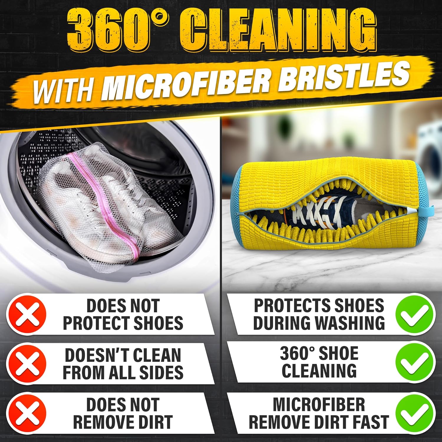 XXL Premium Shoe Bag for Washing Machine and Dryer Set of 2-360° Hands-Free Easy Cleaning - Reusable Shoe Laundry Bag with Zipper & Fluffy Fibers | Protects Sneakers from Scuffs & Damage | Yellow