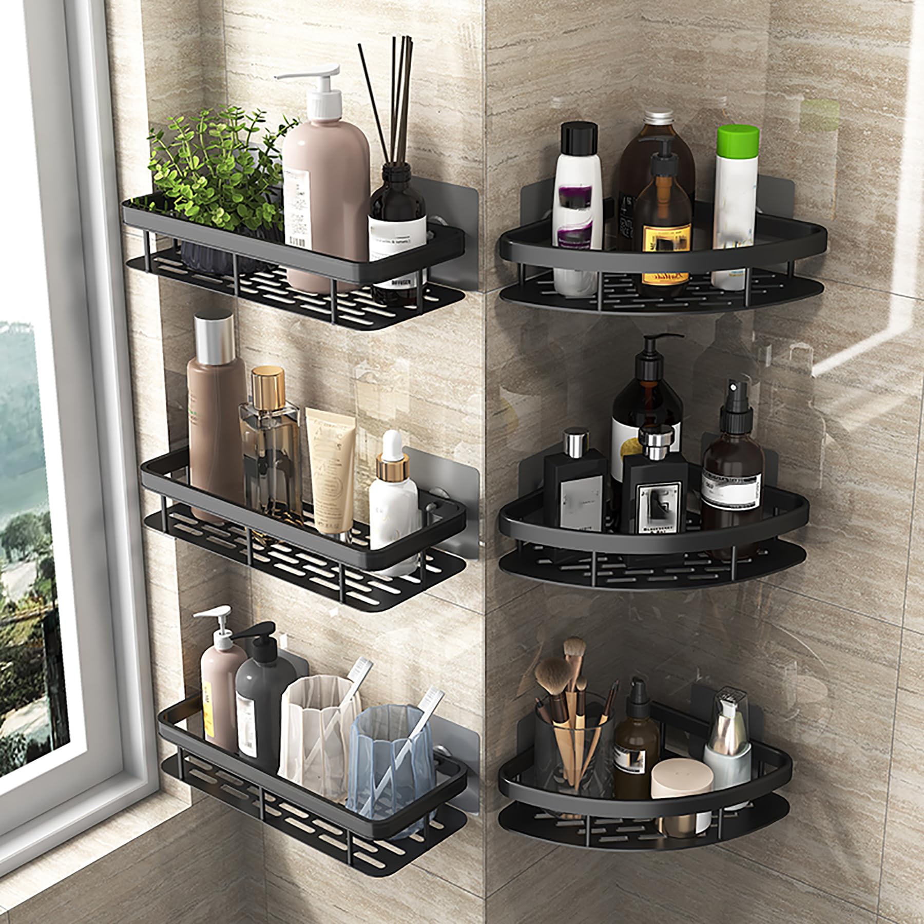 Mensole per Doccia Mensole per Bagno Mensole per Doccia angolari Mensola per Doccia in Acciaio Inox da Parete Organizer Senza Foratura Mensola per Doccia Cestino portaoggetti,Nero,B