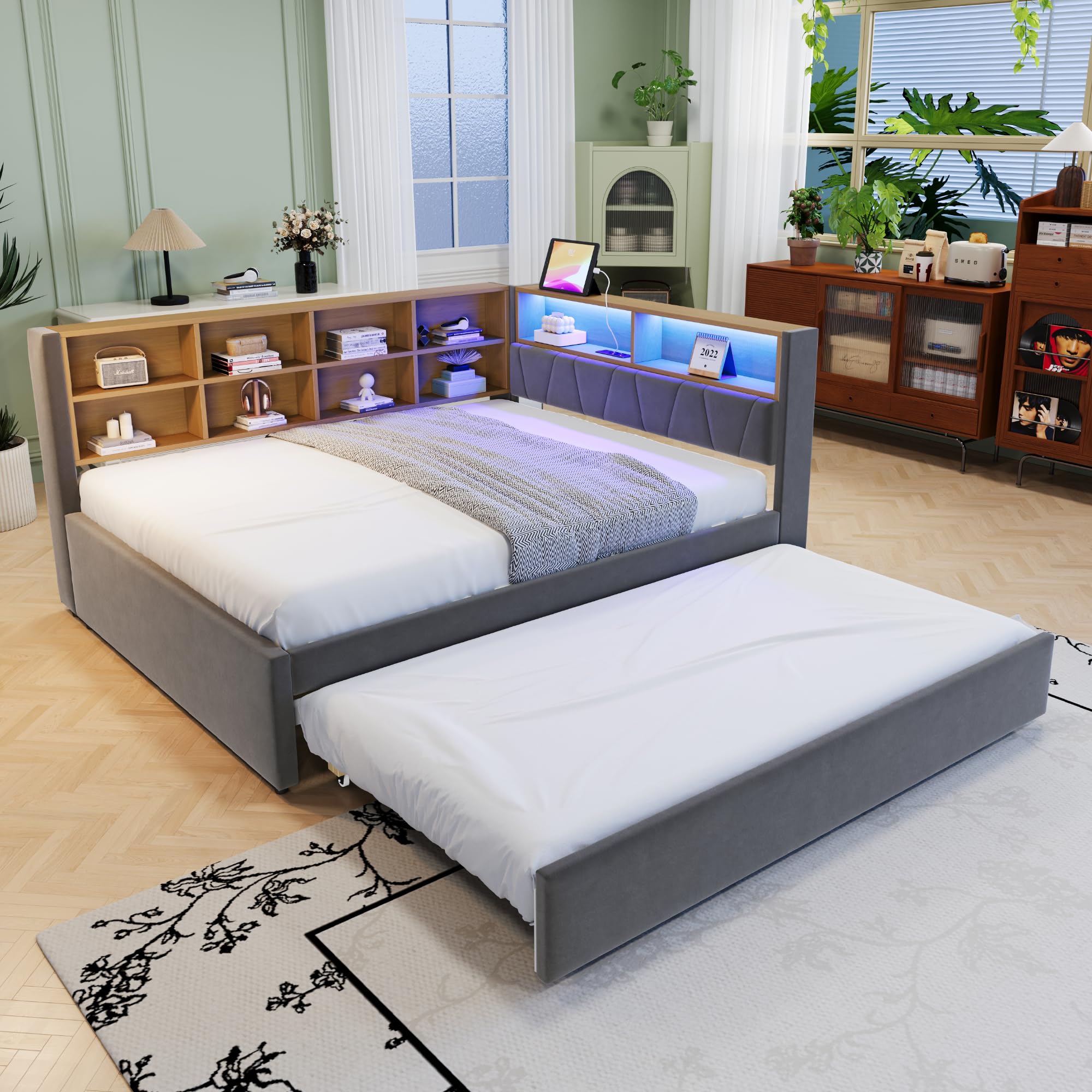 Letto imbottito Daybed 140x200cm, Divano letto con letto estraibile, Letto matrimoniale con luci LED, Prese e scomparti, Divano letto multifunzionale, Telaio del letto, Flanella (Grigio scuro