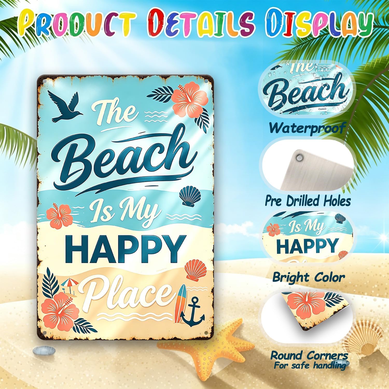 Vintage Beach Happy Place Aluminum Metal Sign Tropical Nautical Wall Art Decor For Coastal Patio Tiki Bar Pool Home Indoor Outdoor Use 8x12 Inch image 3