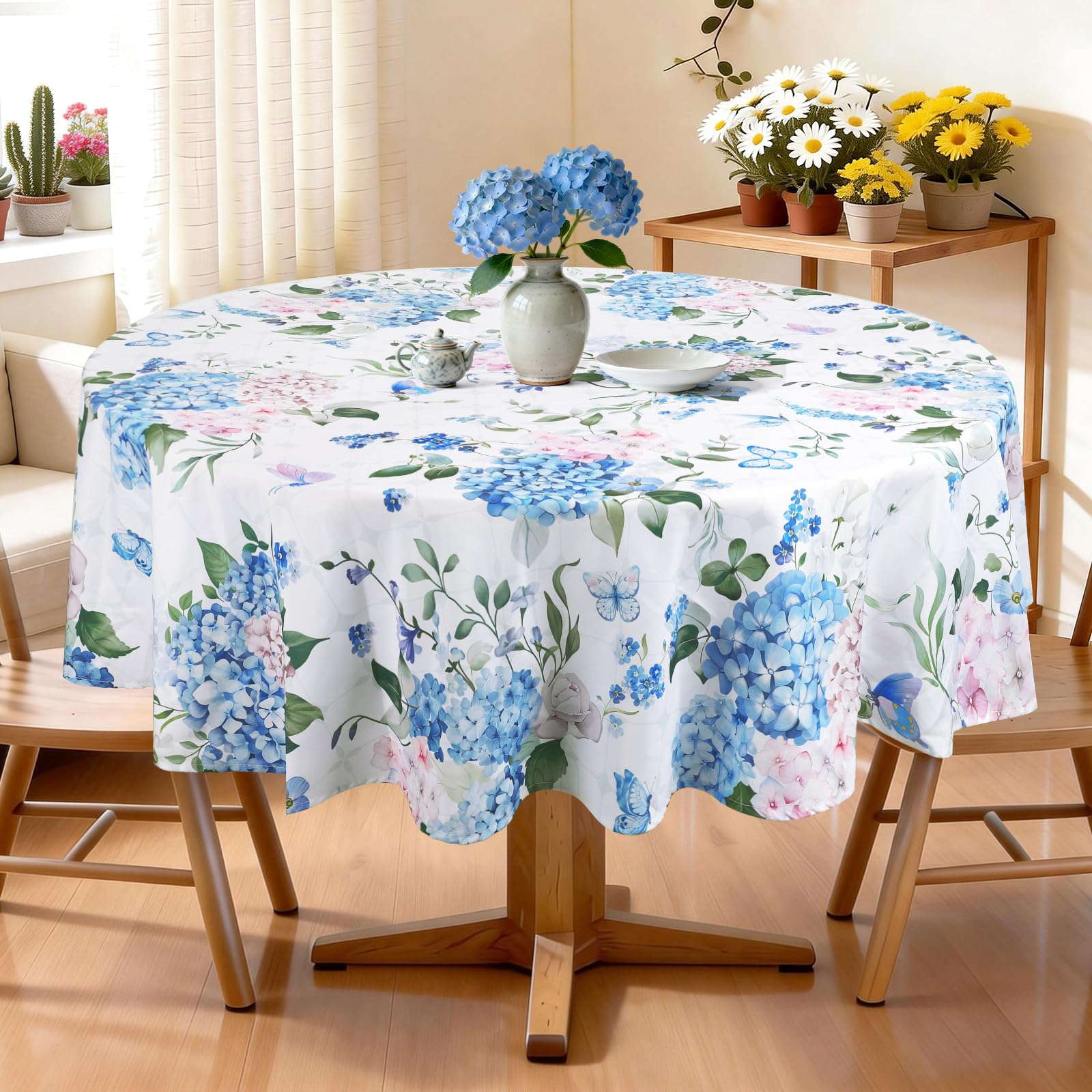 Arquiel Blue Hydrangea Table Cloth Round Machine Washable floral Tablecloth, 180 * 180 cm, Polyester Spring Table Cover for Kitchen Dinner Party Outdoor Decor โ image 1