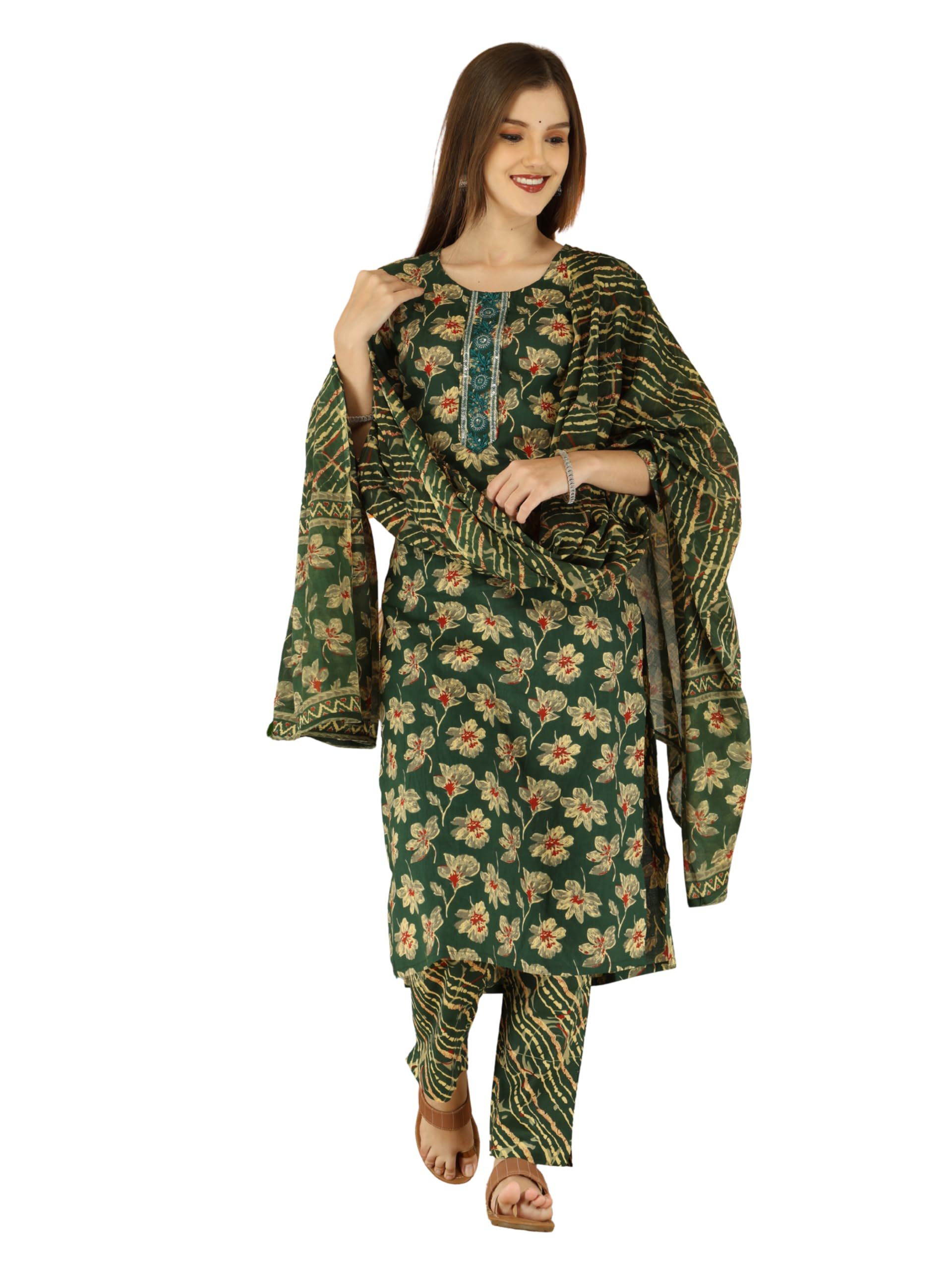 aj art Women's Cotton Printed Straight Kurta With Pant & Dupatta Set | 3/4 Sleeves Floral Print Ethnic Suit For Women & Girls-picture-37