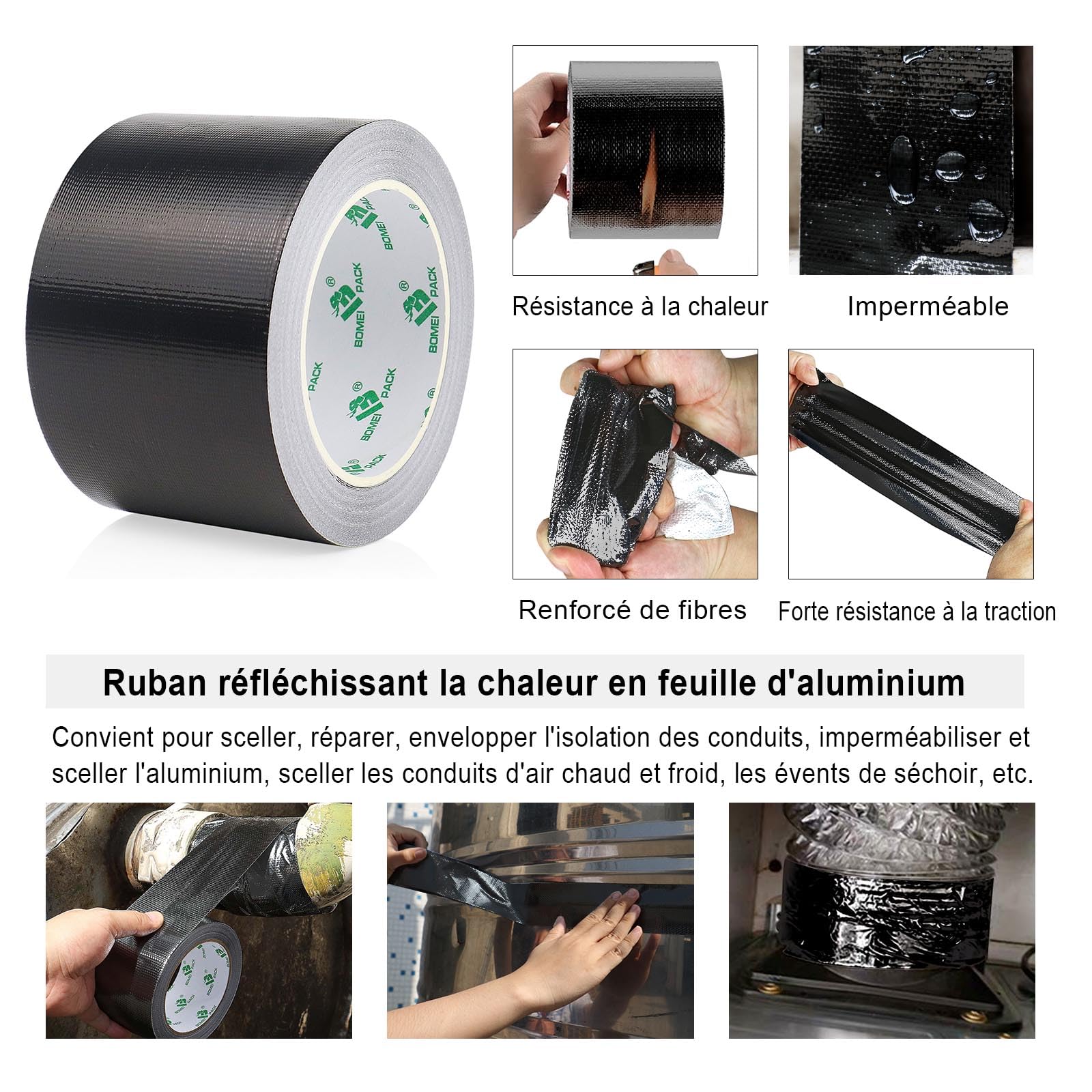 BOMEI PACK Ruban Adhésif Aluminium renforcé, noir 75mm x 20m Bande d'étanchéité Étanche Feuille, ruban d'aluminium de réparation, Ruban adhesif haute temperature pour la réparation, l'isolation