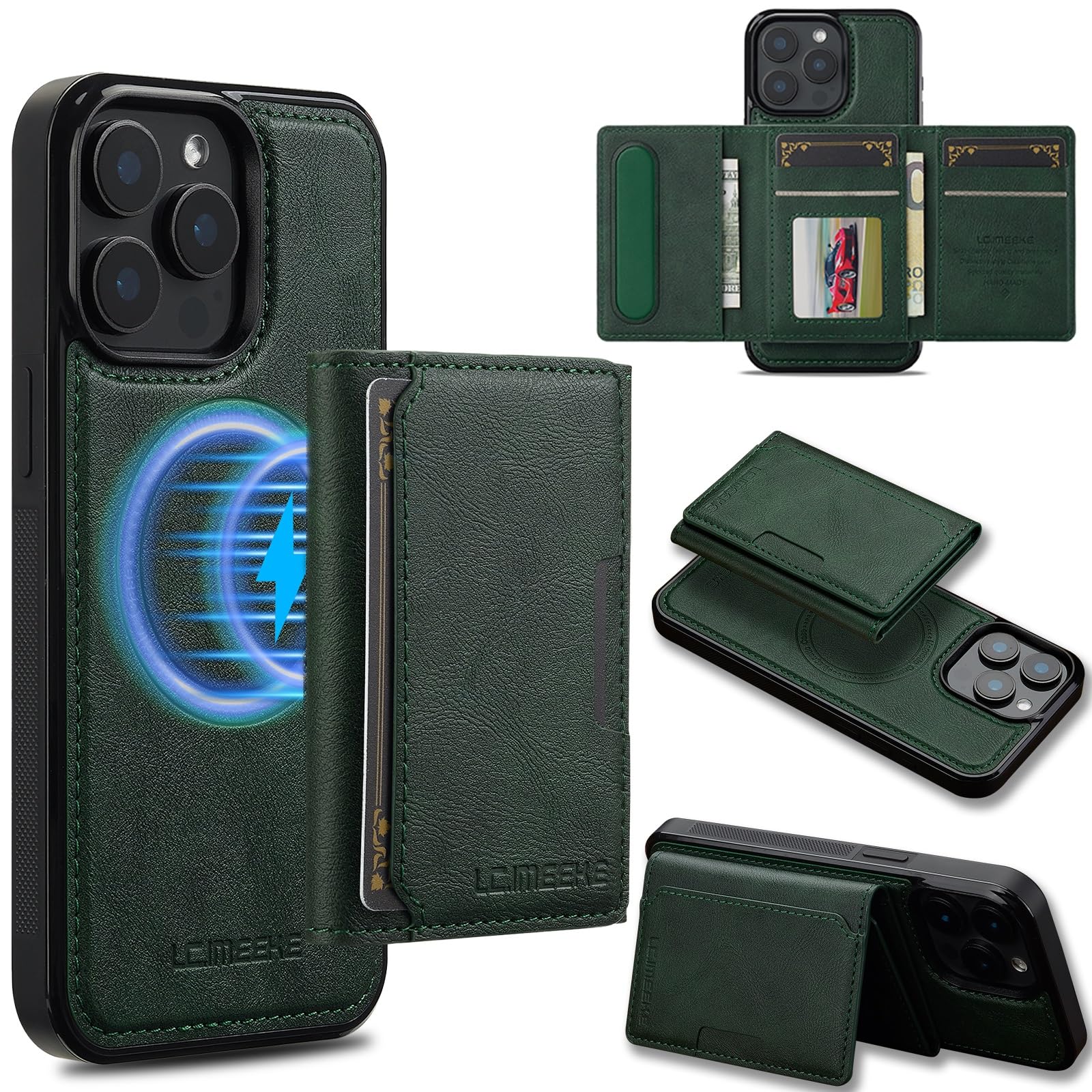 Coque magnétique iPhone 15 Pro Max portefeuille résistant aux chocs vert - 8