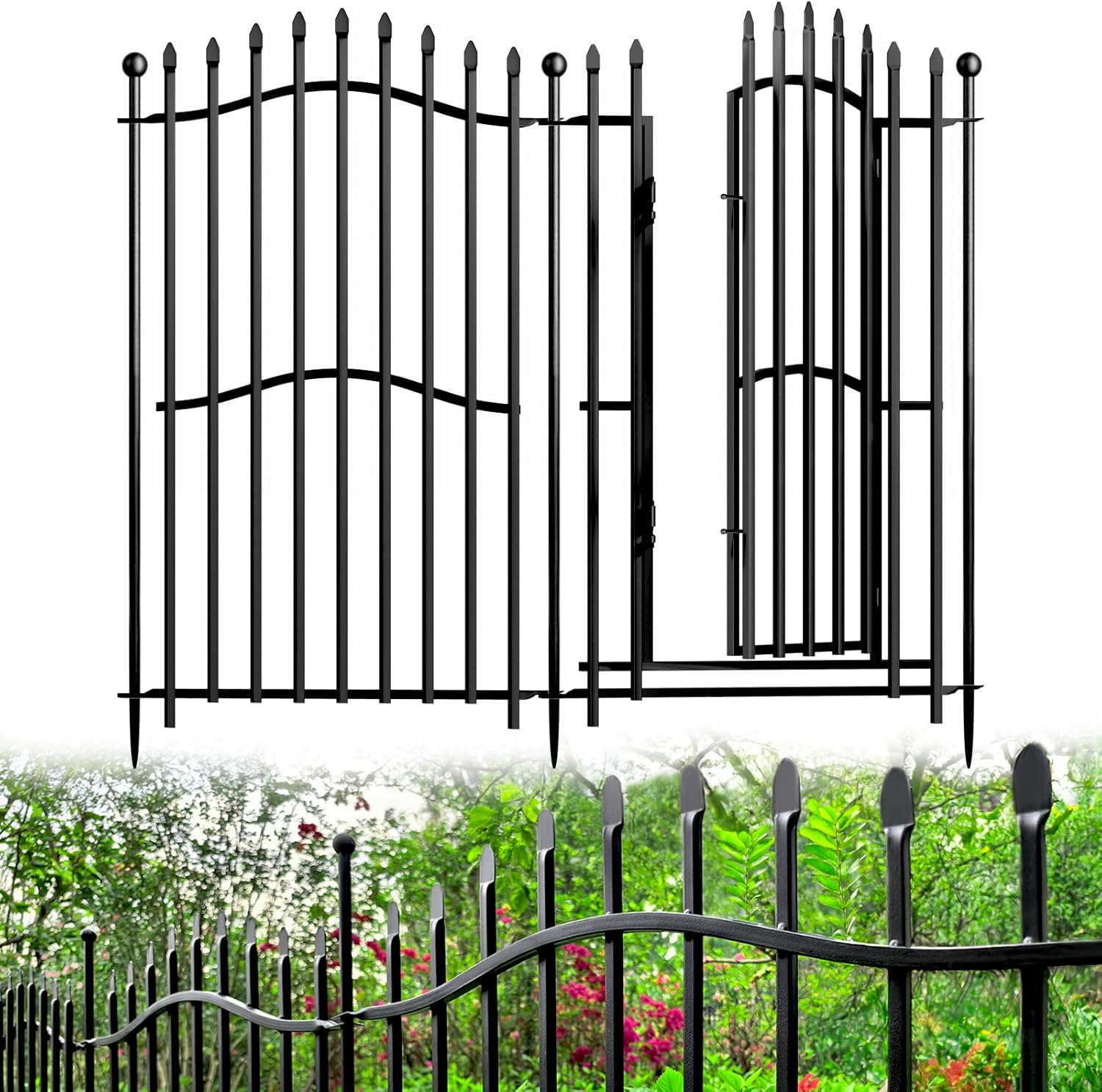 8 Panels No Dig Decorative Garden Fence with Gate - 40in H x 18ft L, Tall Heavy-Duty Square Tube Animal Barrier, Rustproof Dog Fence for Outdoor Yard & Patio Protection 8 Panels-40in(H) with Gate