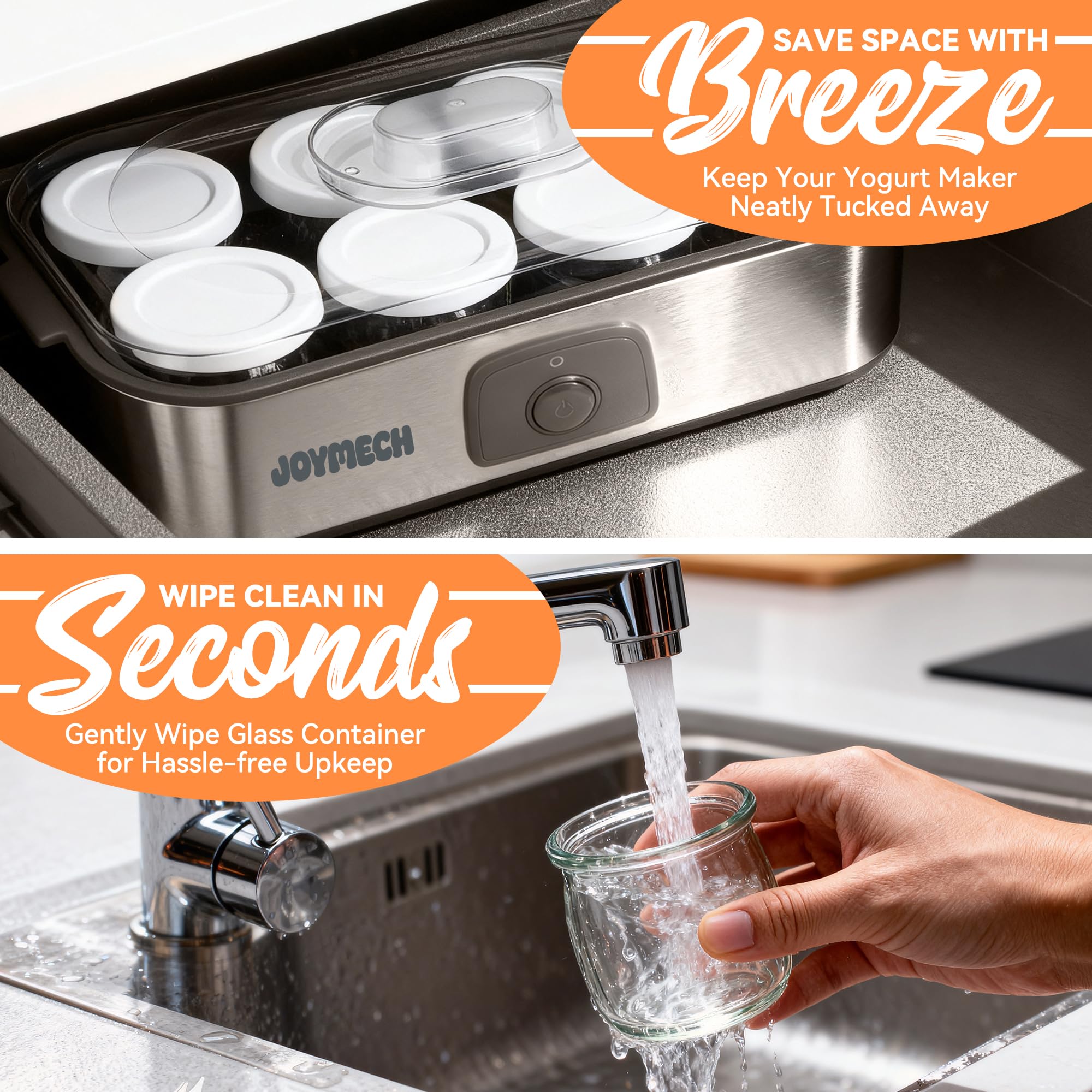 JoyMech Máquina para hacer yogurt, 8 tarros de vidrio con tapas reutilizables para yogur, avena, pudín o gelatina, marcial de grado alimenticio, control de un solo toque, yogur casero