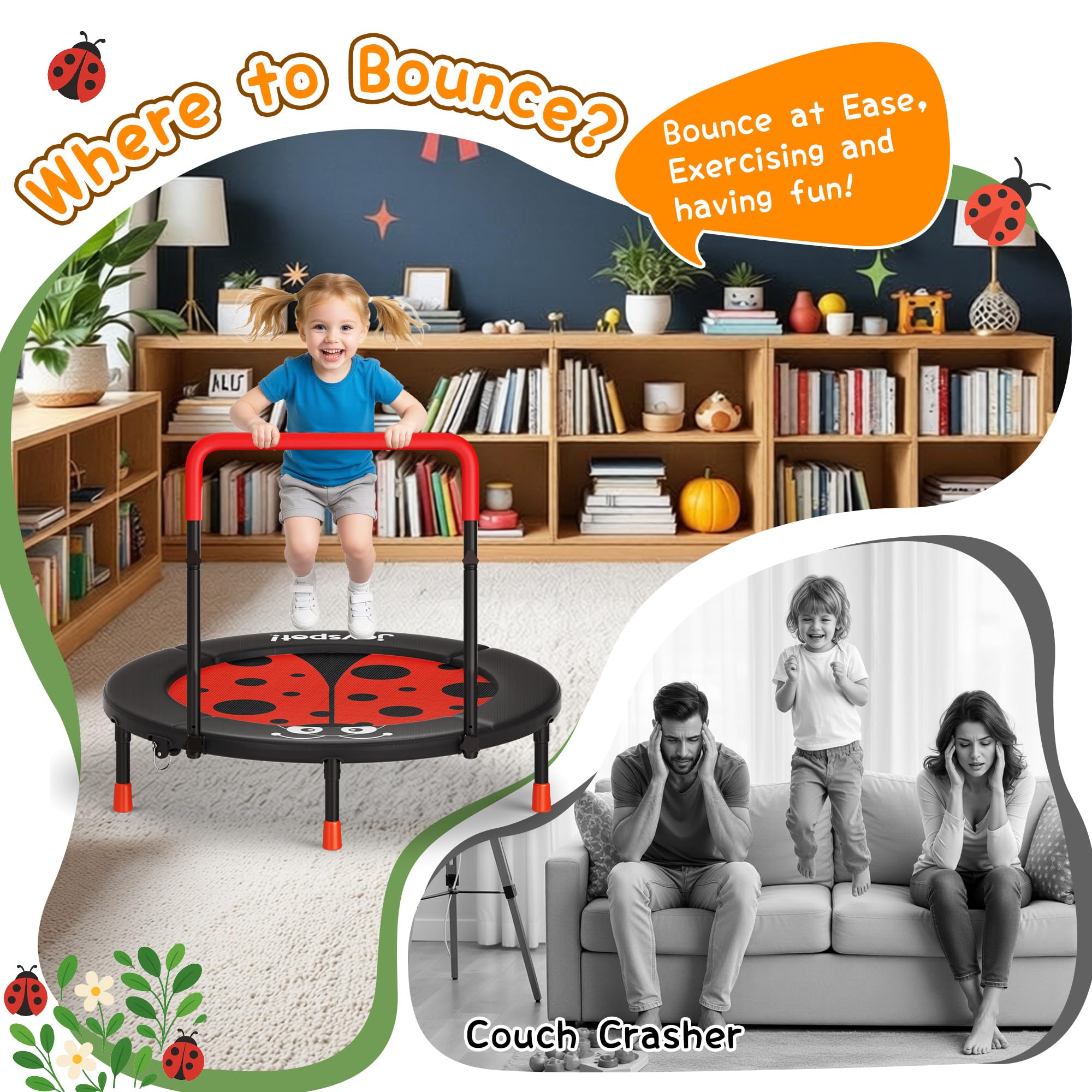 JOY SPOT! Trampolin Kinder Indoor Outdoor, Ø91cm Mini Trampolin mit Verstellbarer Haltegriff, Faltbares Kindertrampolin bis 45 kg, Fitness Rebounder mit Sicherheitspolster für Kleinkind 3-12