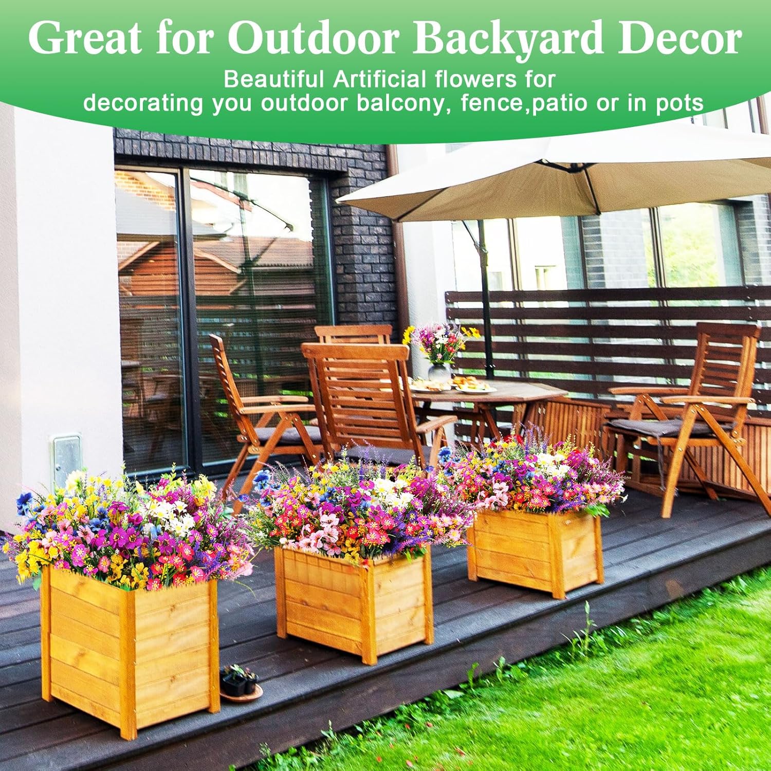 Thiccywoov 60 Bundles Outdoor Artificial Flowers Bulk: Artificial Plants 15 Styles UV Resistant Plastic Plants for Window Box Porch Patio Home Garden Decor(Classic,Green)