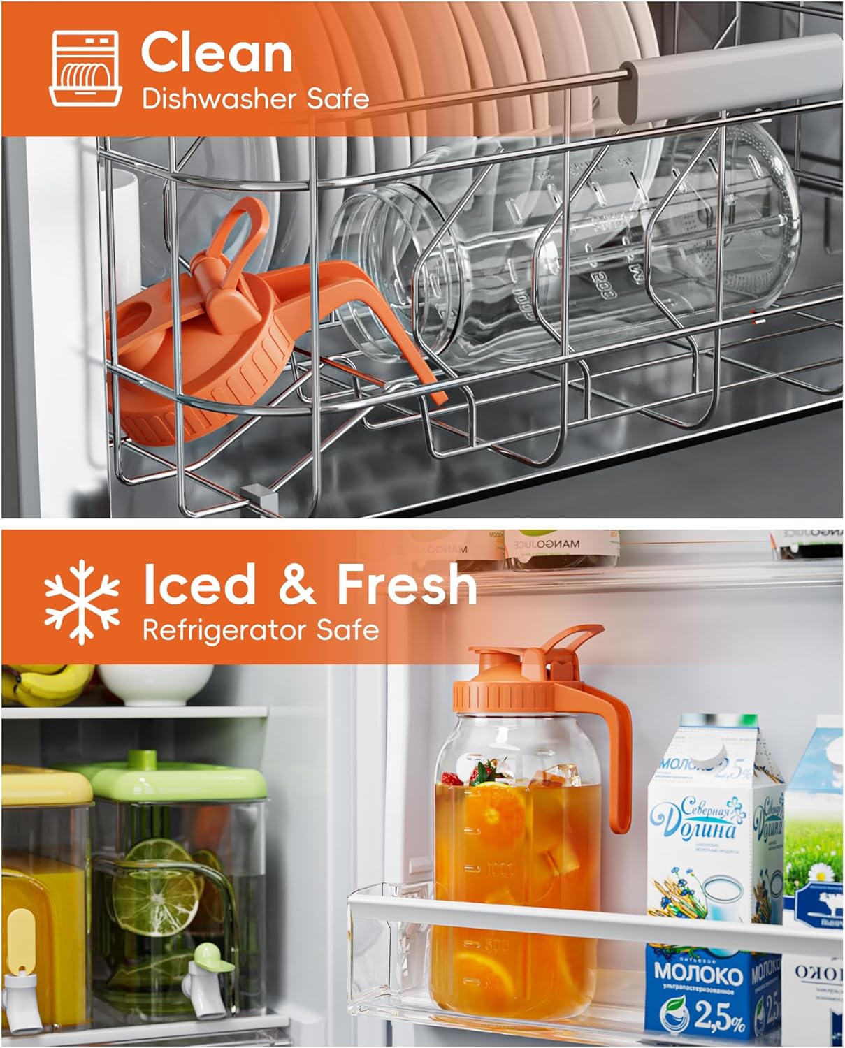 Glass Pitcher with Airtight Lid and Spout, 64oz Glass Mason Jar | Wide Mouth | Leakproof | Water Jug for Juice, Sun Iced Tea, Cold Brew Coffee, Milk Storage, Orange - Image 4