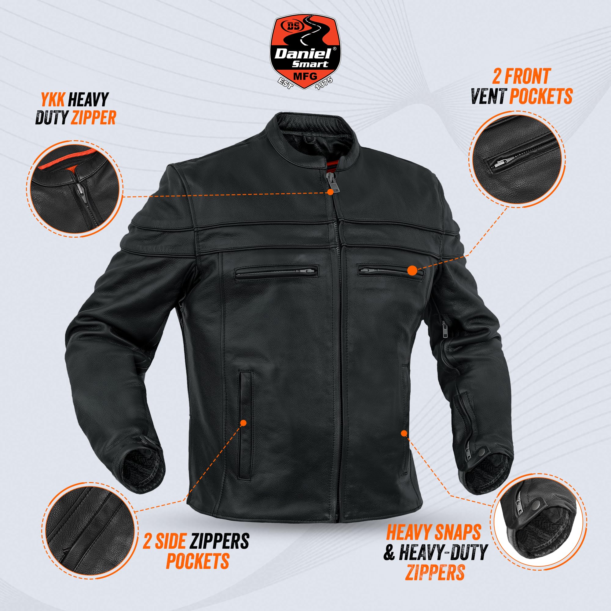 Daniel Smart Men Motorcycle Black Leather Jacket Mandarin Collar Biker Leather Jacket with inside pockets — view 4