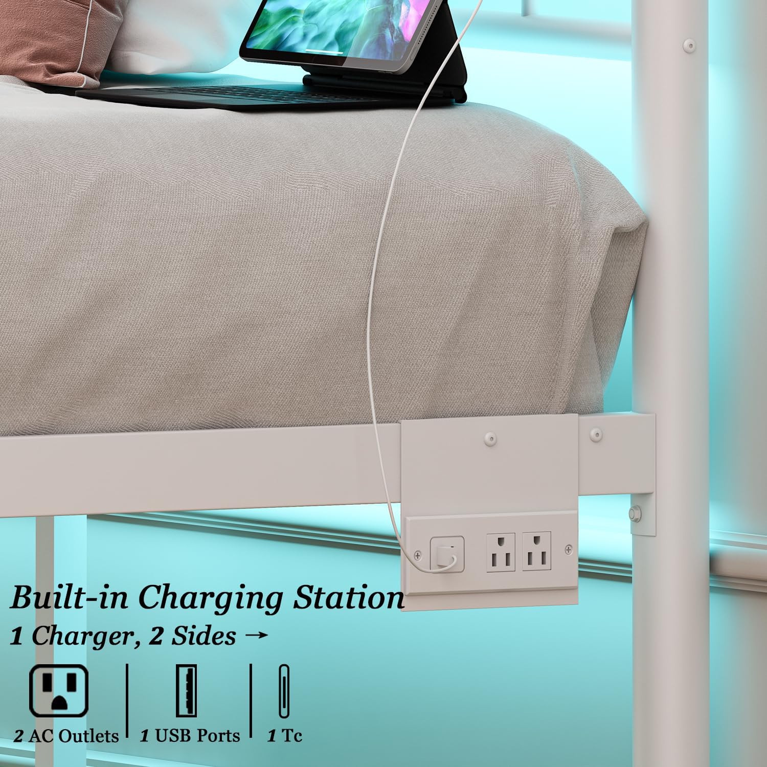 Full Size Bed Frame with Headboard,White Metal Platform Bed Frame Full Size with Charging Station & LED Lights,12-Inch Under Bed Storage,No Box Spring Needed,Noise Free,Easy to Assemble