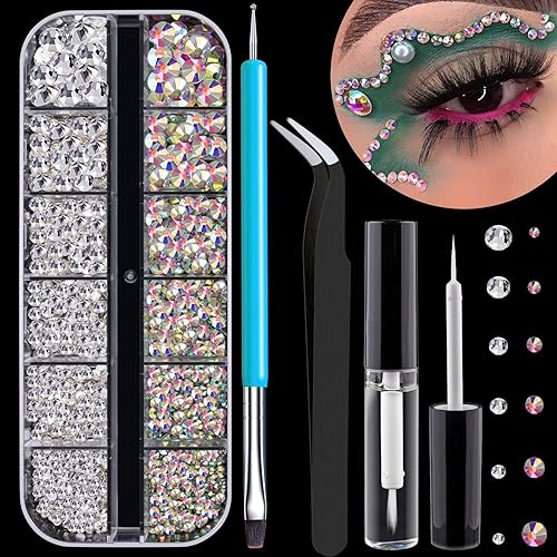 Kit de gemas redondas de cara plana de 0.039 a 0.236 pulgadas (AB+transparente) para maquillaje con pegamento de secado rápido + cepillo + pinzas,