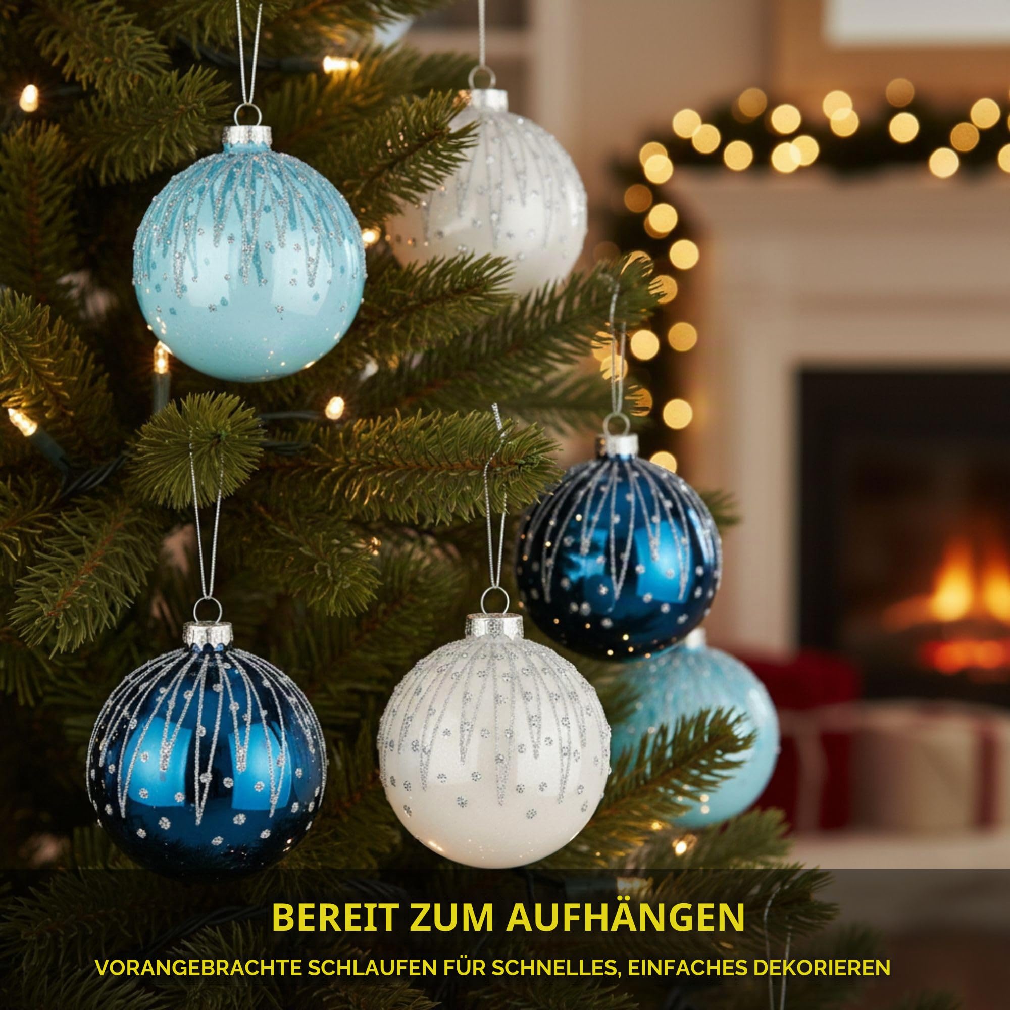 12 Stück/80 mm Glaskugeln, Weihnachtsbaumkugeln, hängende Ornamente, Verschiedene Designs, Weihnachtsbaumschmuck, Blau, Weiß