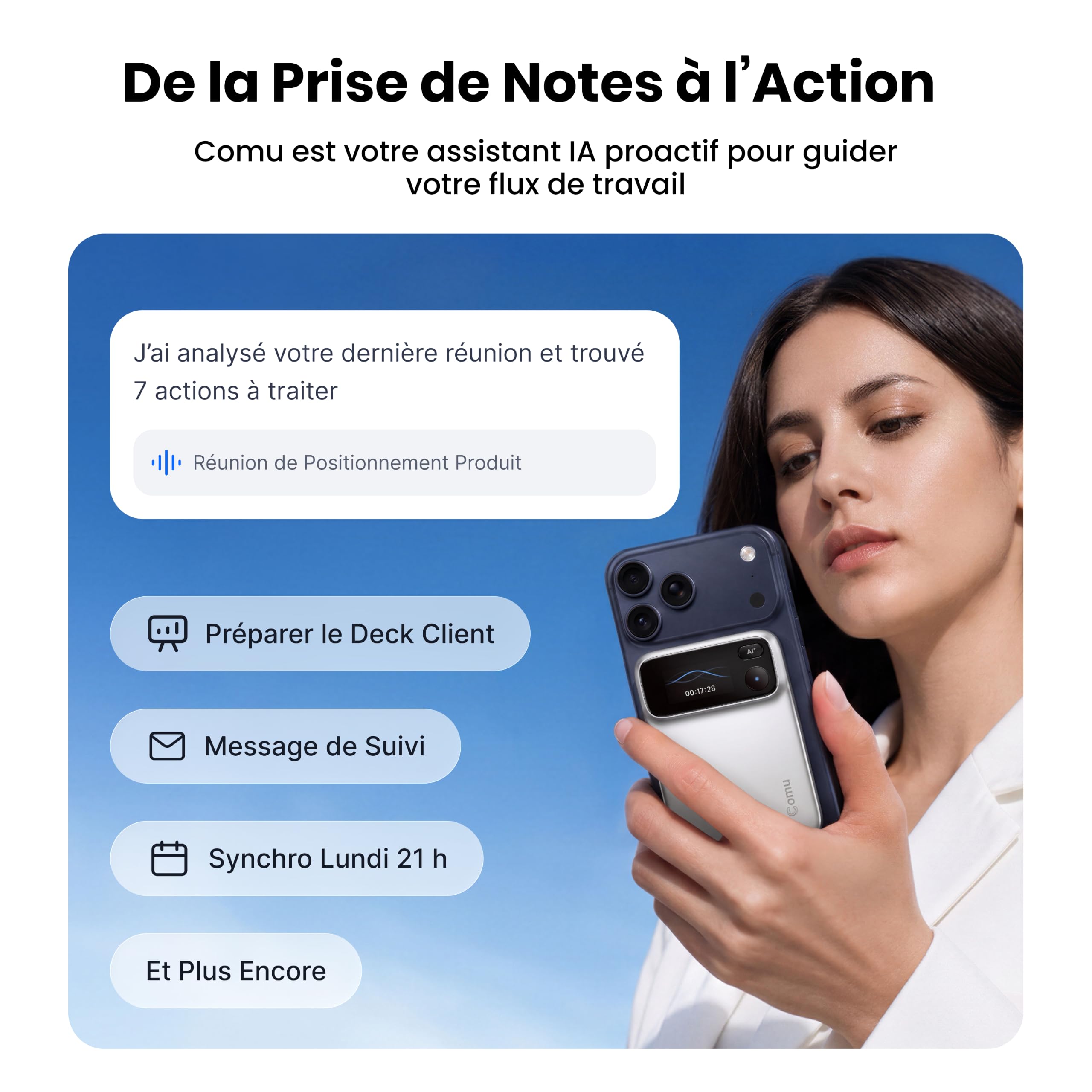 Comu Action Pro Enregistreur Vocal IA Dictaphone avec Agent IA Intelligent