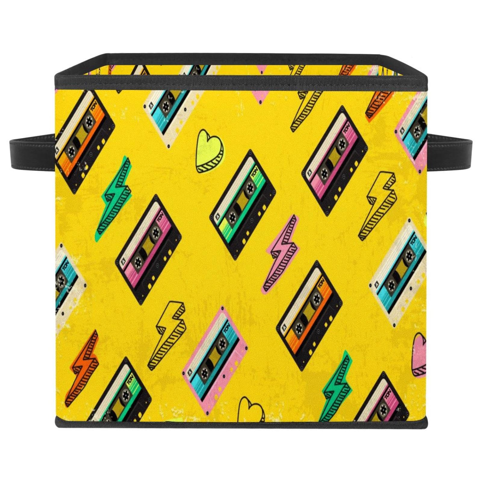 Boîte de rangement pliable en tissu motif cassette rétro avec poignées