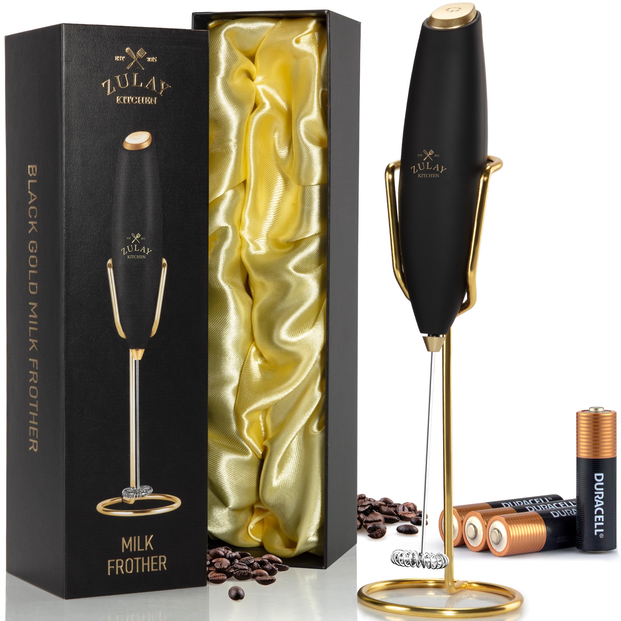 Zulay Kitchen Powerful Milk Frother Wand With Duracell Batteries - Ultra Fast Handheld Drink Mixer - Electric Whisk Foam Maker for Coffee, Lattes, Cappuccino &amp; Matcha - Z1 Motor - Exec Black Gold