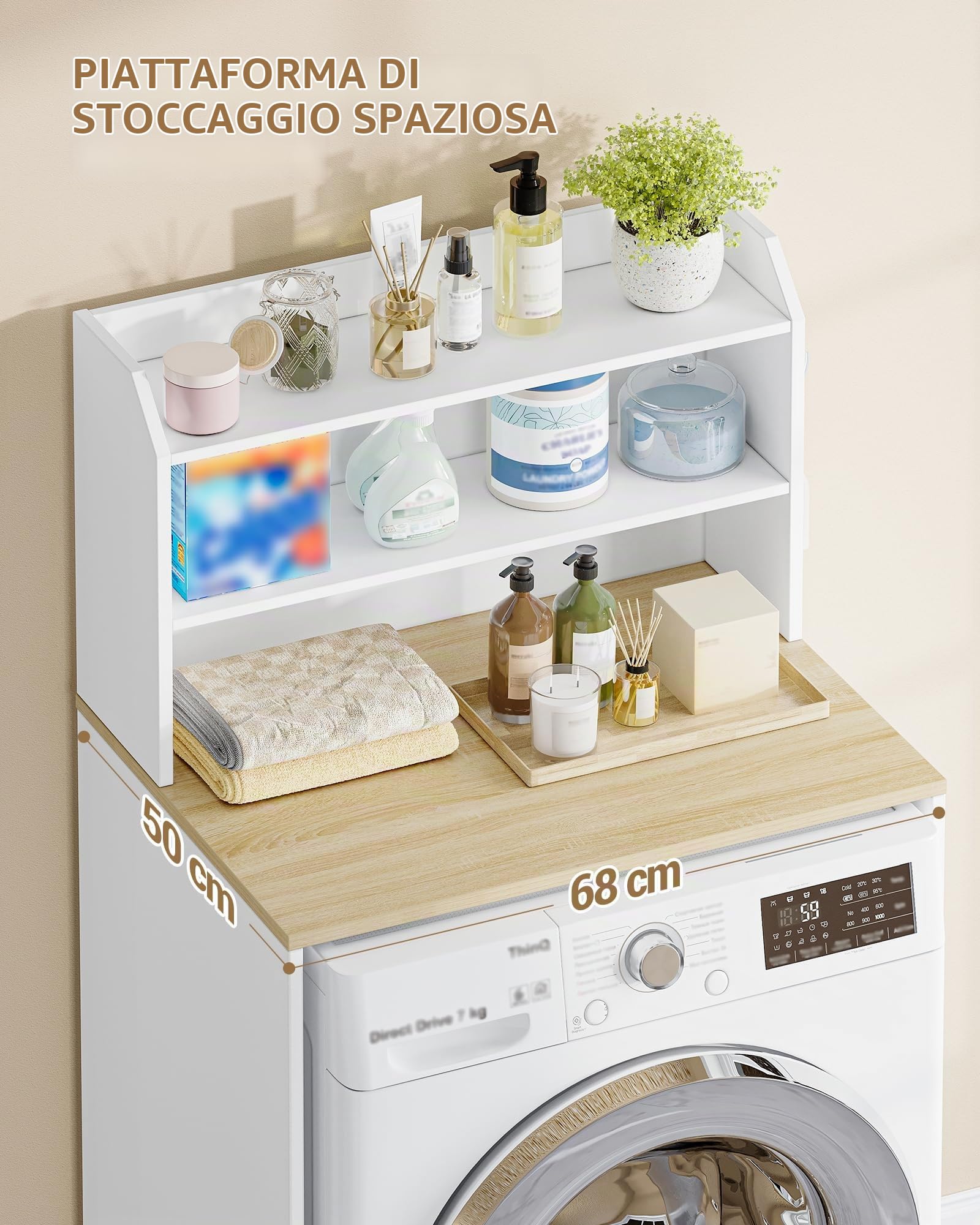 Hzuaneri Mobile Lavatrice, 50 x 68 x 128 cm, Bianco-Rovere | Mobile Sopra Lavatrice, Scomparti Aperti, Scaffale da Bagno, Adatto per lavatrici e asciugatrici, LR00103X