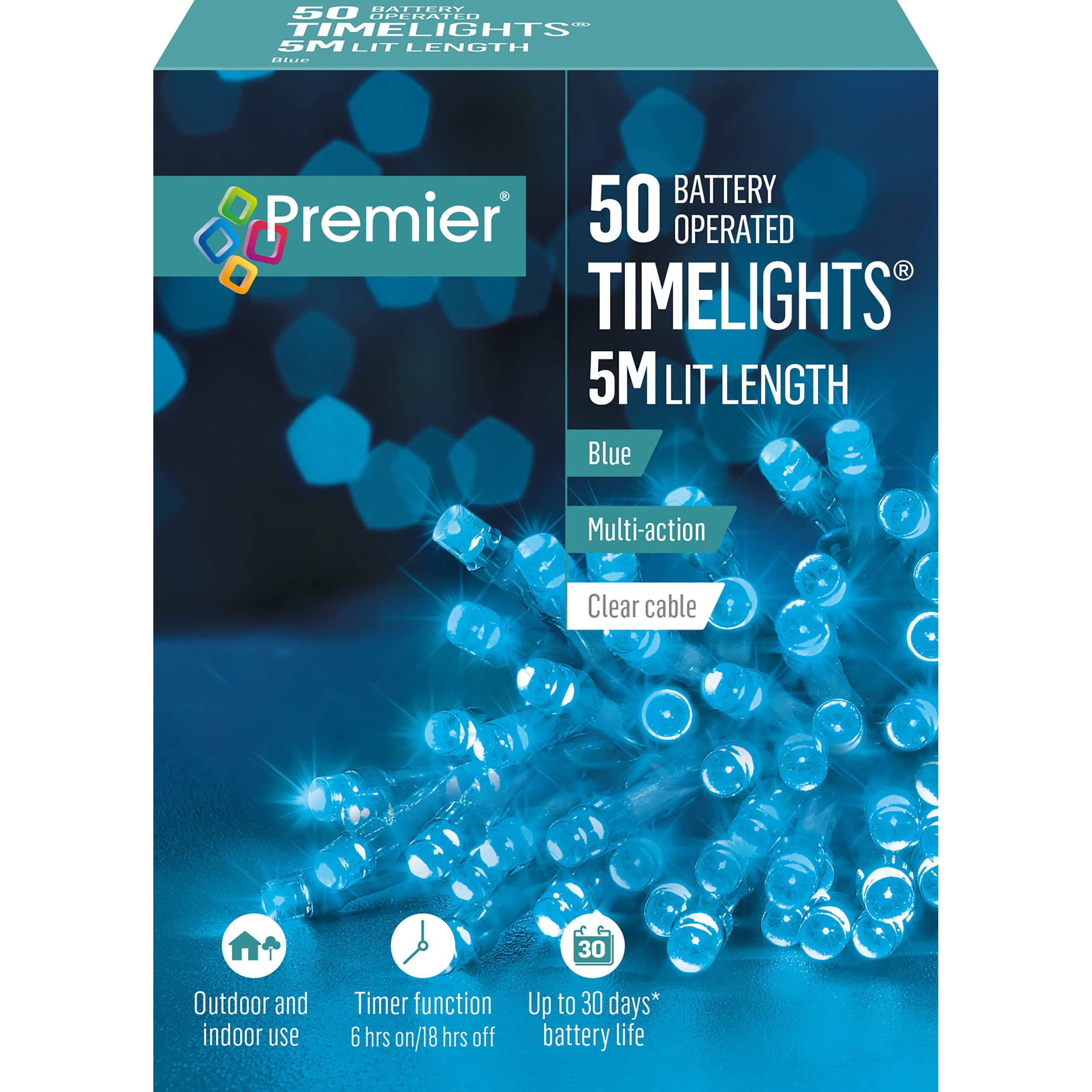 Premier Blue Timelights 50 Leds Battery Operated Multi Action Timer Function 5M Lit Length