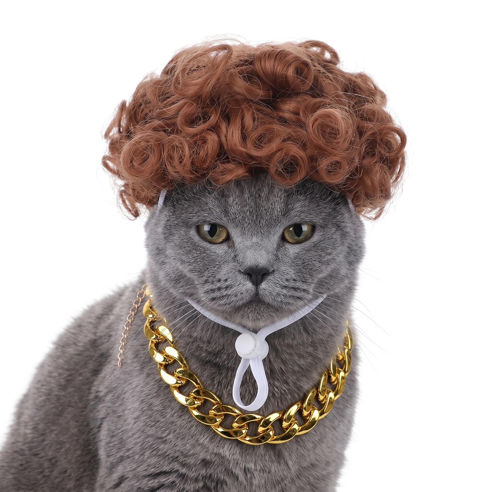 Funny Cat Puppy Curly Wig Necklace Set Halloween Christmas Festival Pet Birthday Party Headwear Headgear Costume Accessory Favors Small Dog Kitten Cat Fake Hair for Head Circumference 15.7"