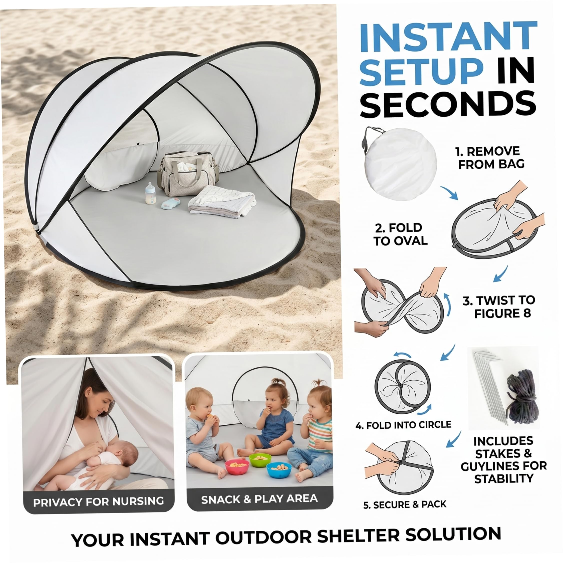 Tienda de campaña para bebés Tienda de Playa para 2-3 Personas Refugio Solar instantáneo UPF 50+ Sombra portátil para Exteriores Blanca de campaña para bebés de Playa instantán