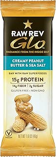 Raw Rev Glo Protein Bars, Creamy Peanut Butter & Sea Salt, 1.6 Ounce Bar (Pack of 12) 15g Protein, 2g Sugar, 14g Fiber, Keto-Friendly, Vegan, Plant-Based Protein, Gluten-Free Snack Bar - coolthings.us