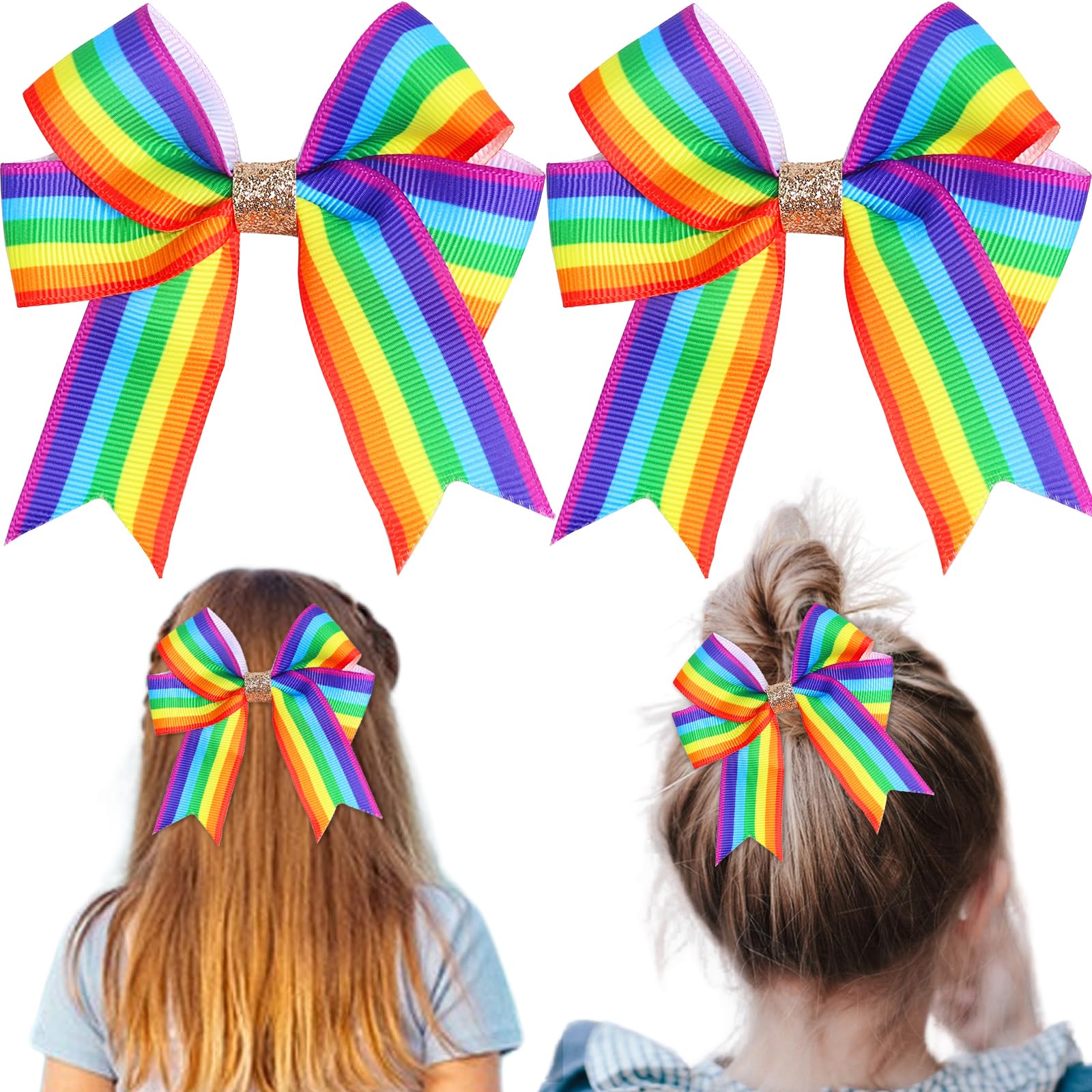 SeBneny Pride Day Rainbow Hair Bow with Clip Rainbow Bows for Girls Gold Glitter Bow Hairstyle Hairpin Candy Fruit Colorful Rainbow Lovely Non-slip
