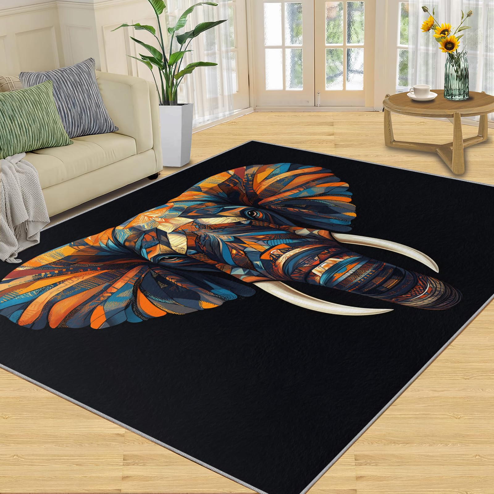 FBRUIEG Indian Elephant Head Bedroom Rug, Mythical Elephant Area Rug, Home Decor Carpet for Living Room Study Office Kitchen Dining Room Floor Mat 160x230cm