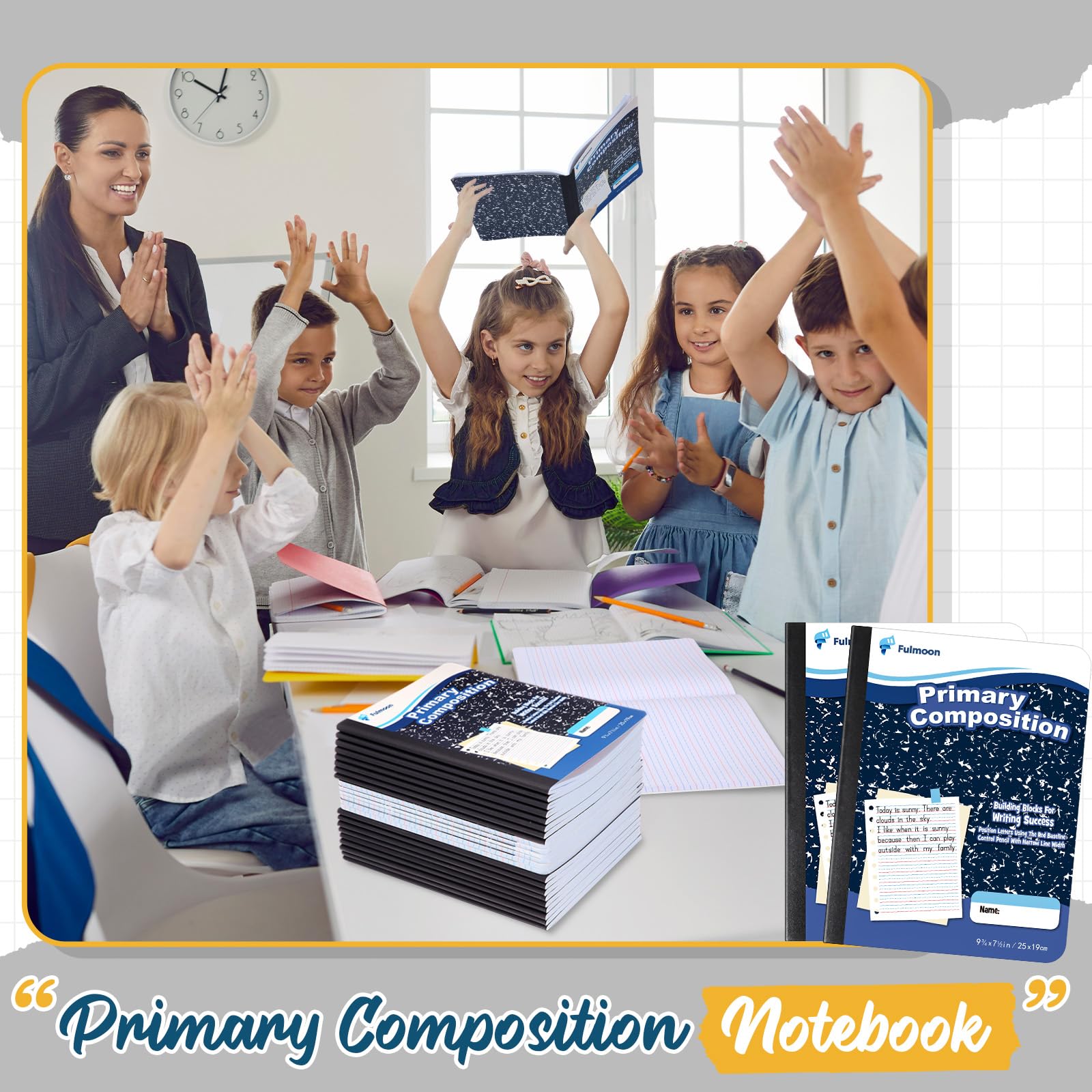 Fulmoon 24 quaderni per composizione primaria, 24 x 19,5 cm, 80 pagine, K-2, a righe, per scrittura primaria, libro di composizione per bambini, asilo, scuola materna, 1° 2° grado (colore blu)
