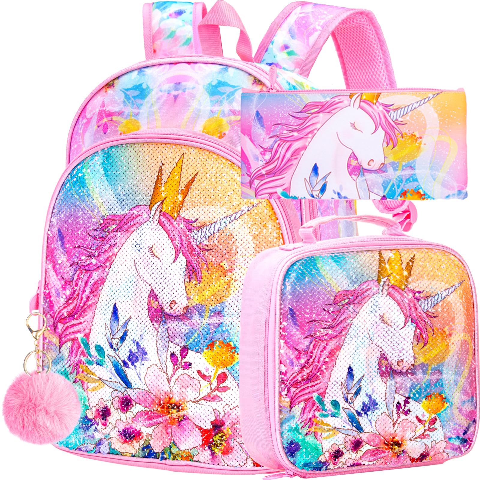 CCJPX 3PCS Unicorn Backpack for Girls, 16”Kids Preschool Sequin Bookbag and Lunch Box for Kindergarten Elementary