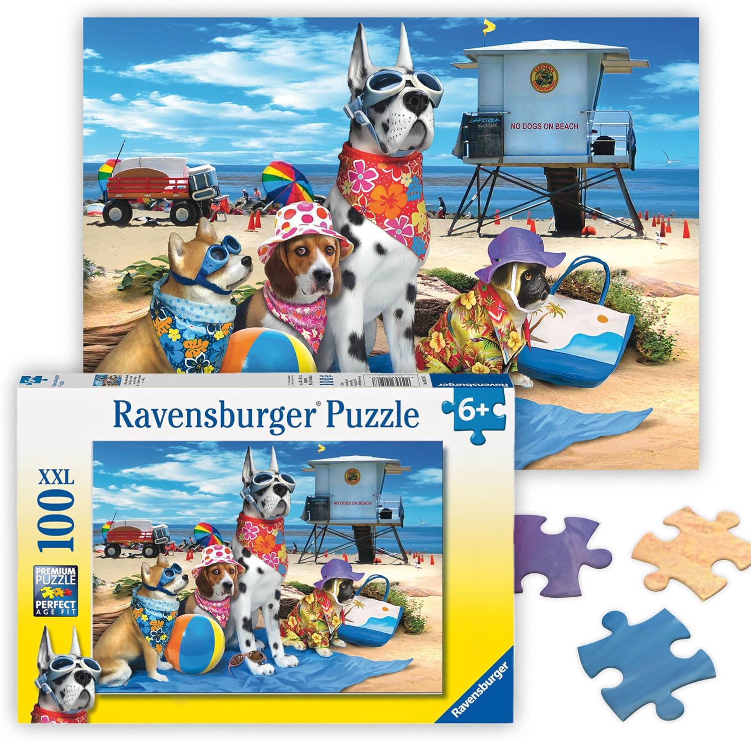 Ravensburger - No Dogs on The Beach - 100 Piece Jigsaw Puzzle - Hilarious Beach Scene of Dogs Dressed for Seaside - Bold Colors - Premium Quality - Ideal Gift - Screen-Free Fun - Children Age 6+