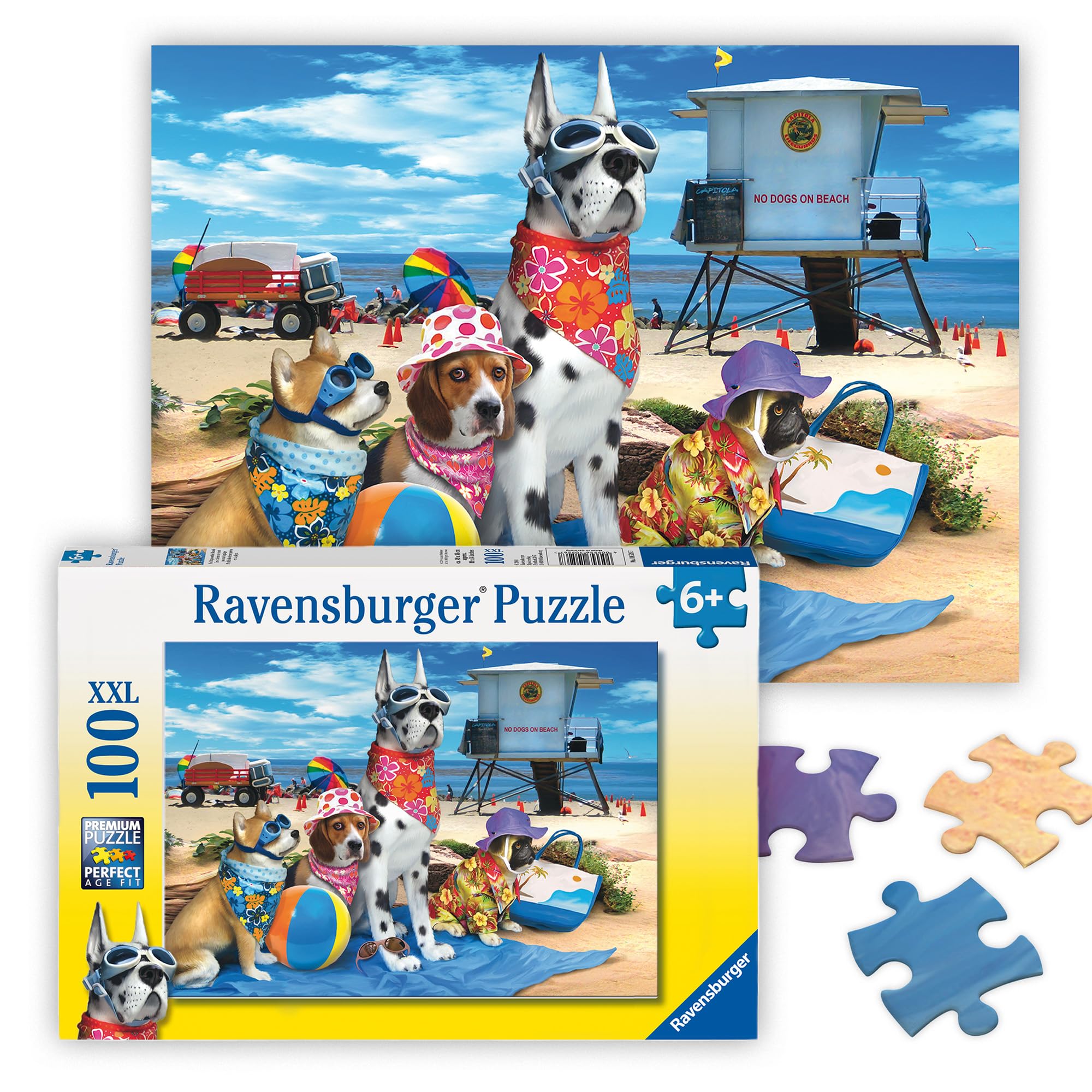 RavensburgerNo Dogs on The Beach - 100 Piece Jigsaw Puzzle - Hilarious Beach Scene of Dogs Dressed for Seaside - Bold Colors - Premium Quality - Ideal Gift - Screen-Free Fun - Children Age 6+The Forest Stewardship Council