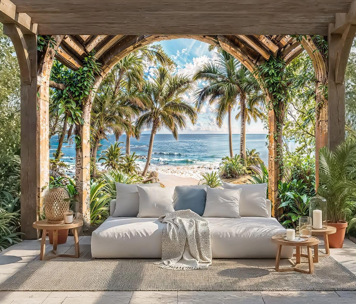 Mural Gardens Gazebo Beach View Garden Mural Curtain Waterproof Outdoor Tapestry Hot Tub Backdrop Patio Fence Tropical  Wall Art W300Cm H180Cm from B&Q