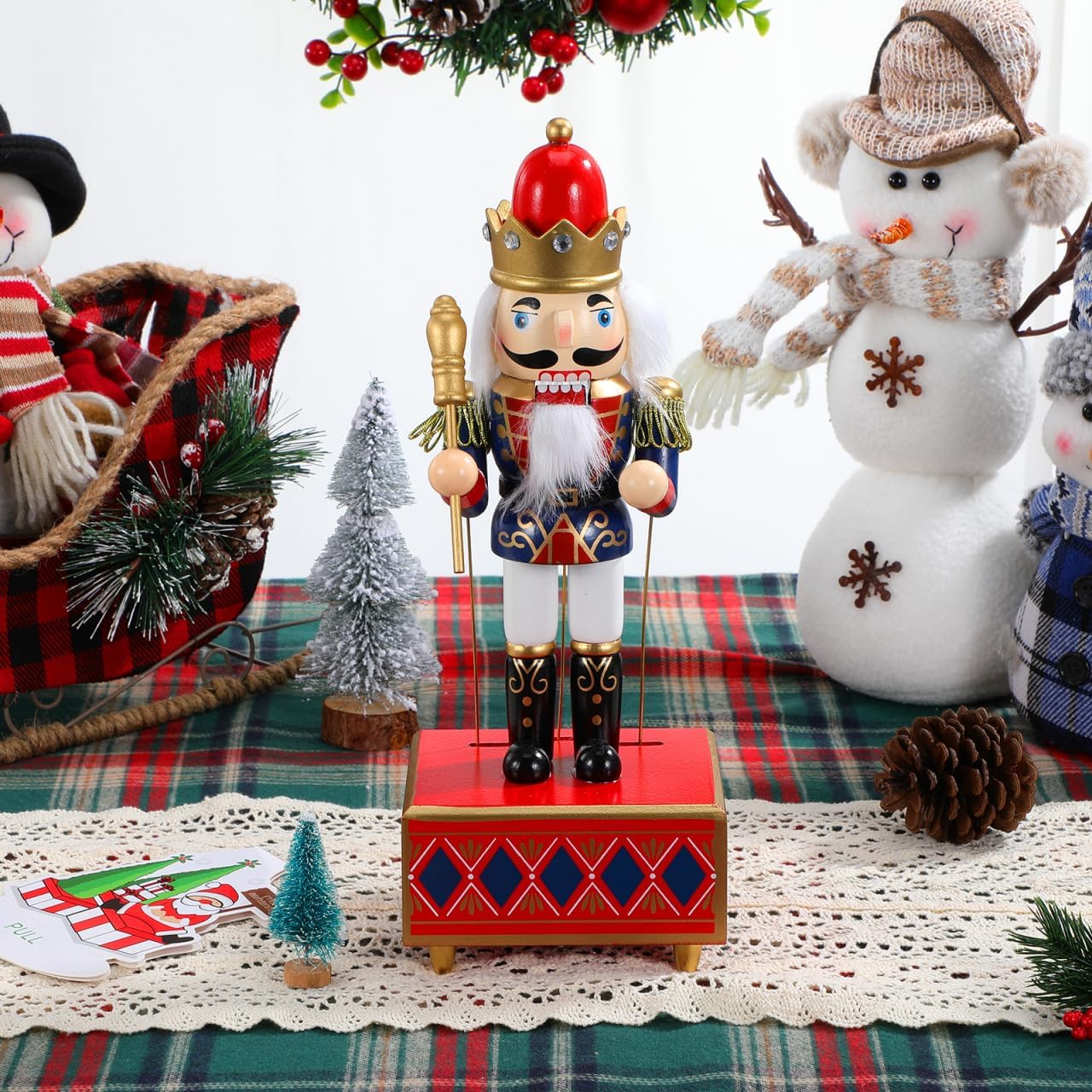 Cabilock Christmas Nutcracker Music Box, 12 Inch Wooden Drummer Nutcracker Soldier Figurines, Wind up Clockwork Christmas Music Box, Handmade Decoration for Xmas Home Decor Thanksgiving Present