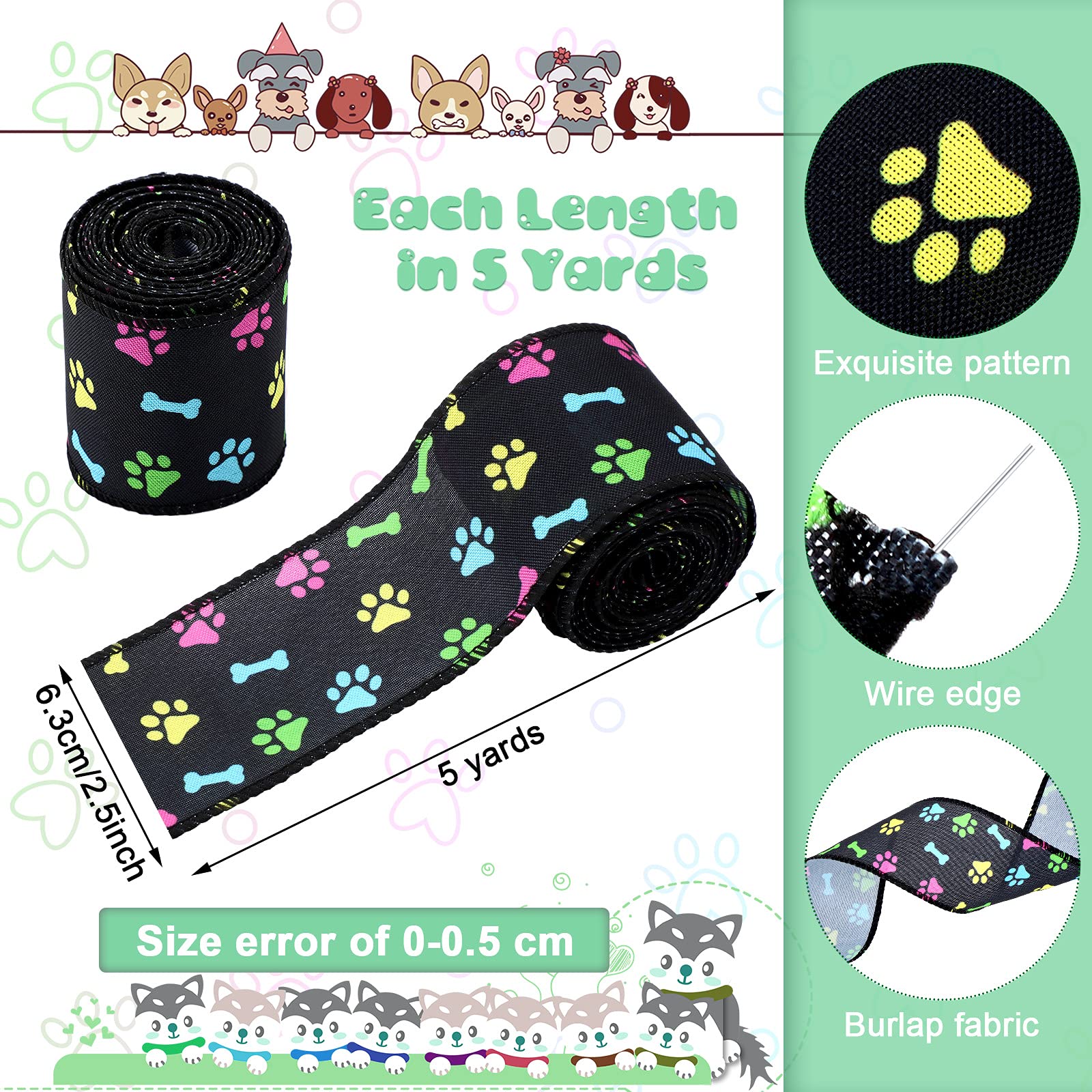 6 Rolls 30 Yards Dog Wired Edge Ribbon cat Paw Print Burlap Ribbon 2.5 Inch x 5 Yards Checkered Plaid Ribbons for Dog Party Wrapping Wreath Decoration Floral Arrangements Crafts Decor