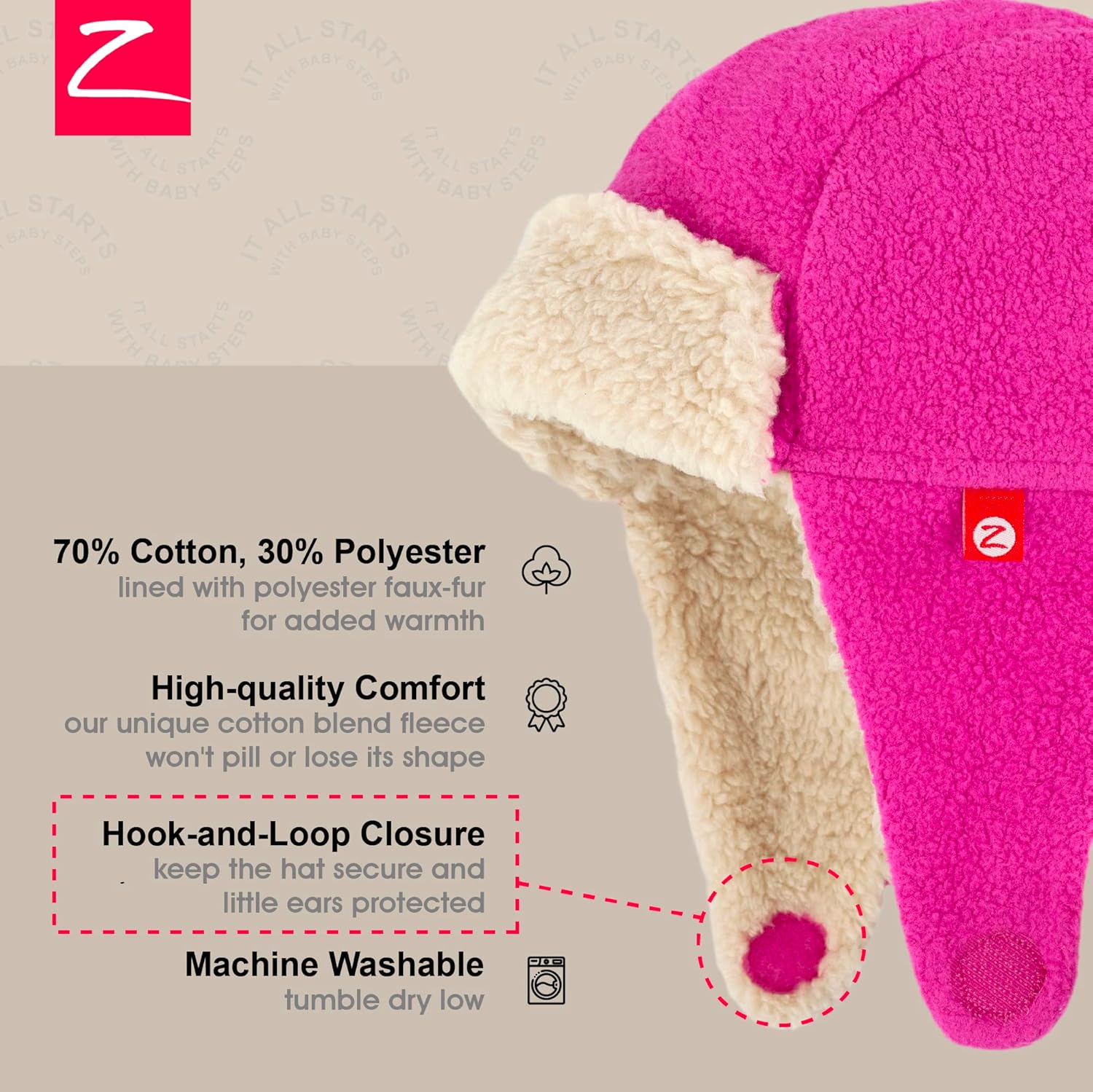 Zutano Boys’ and Girls' Cozie Fleece Furry Winter Baby and Toddler Hat, Fuchsia, 6M - Image 3